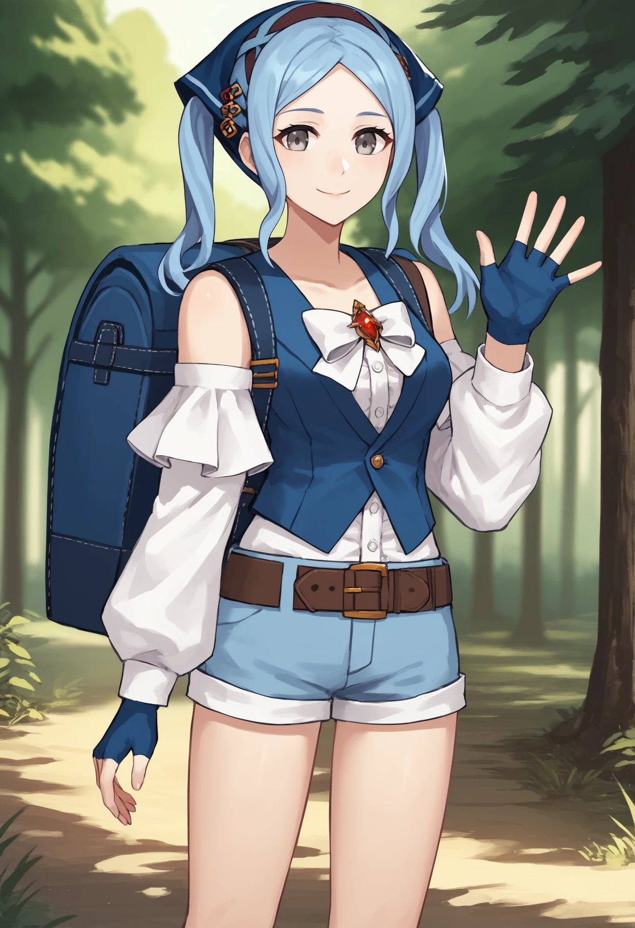 score_9, score_8_up, score_7_up, source_anime BREAK 1girl, solo, <lora:flora-fe-richy-v1_pdxl:0.8> flrpcnc, grey eyes, blue hair, long hair, twintails, bandana, breasts, white bow, blue vest, detached sleeves, long sleeves, white sleeves, bare shoulders, fingerless gloves, blue gloves, belt, blue shorts, thighs, standing, backpack, smile,  outdoors, fantasy, forest, looking at viewer, long legs, waving