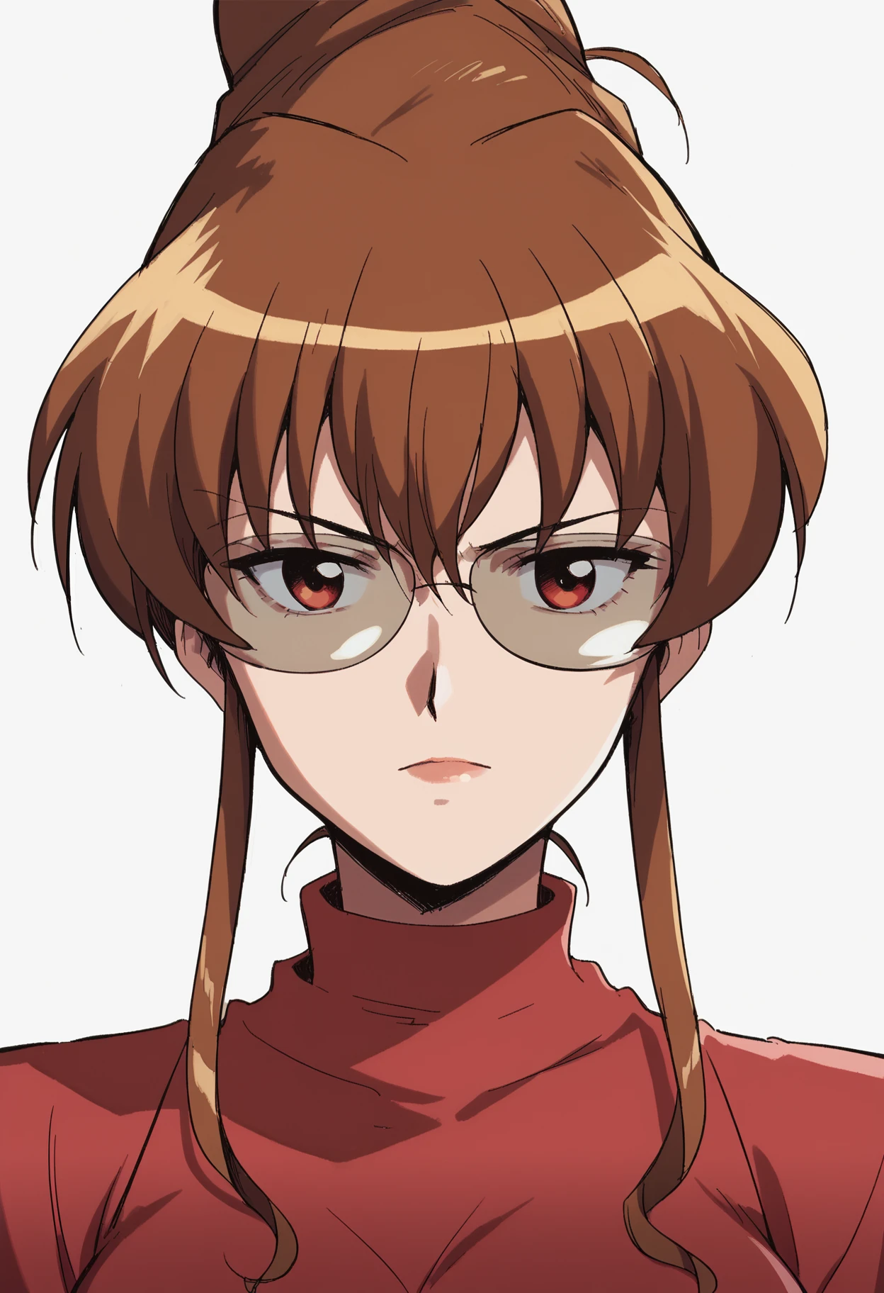 score_9, score_8_up, score_7_up,  <lora:s40r1:1> s40r1,1girl,red eyes,mature woman, single hair bun,glasses,portrait,turtleneck