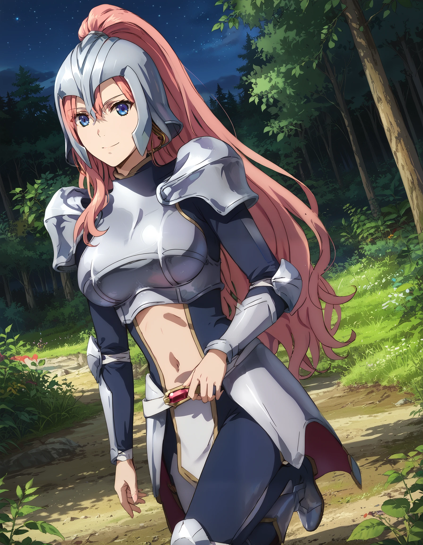 score_9, score_8_up, score_7_up, masterpiece, absurdres, source_anime, perfect anatomy,

good_hands,

1girl, solo, shiny skin,
EclairSeaetto, pink hair, long hair, bang, blue eyes, big breast,
ponytail, armor, silver armor, helmet, boots,
outdoors, forest, night, starry sky, smile, looking at viewer,