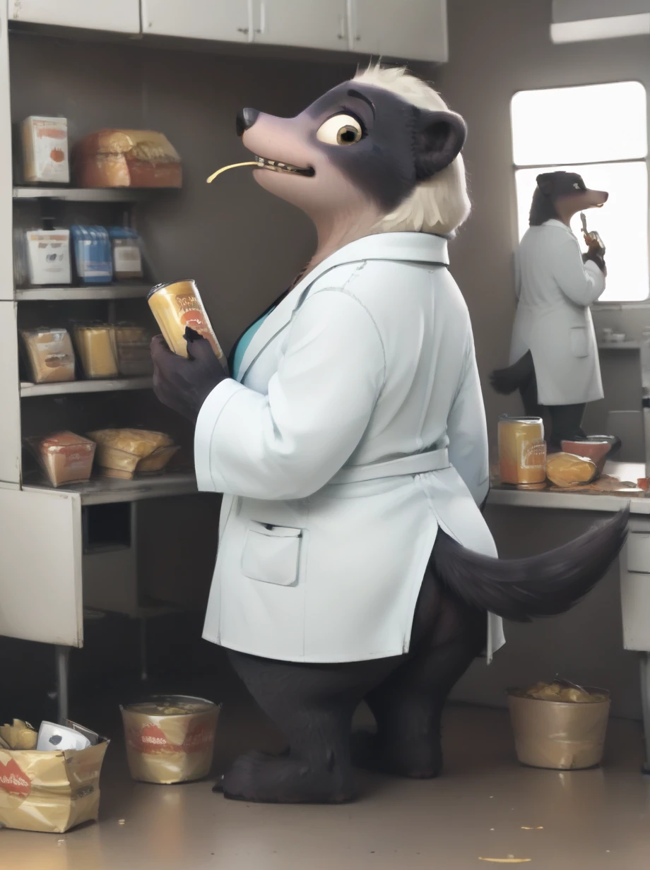 Dr.Madge, honey badger, anthro, female, skinny, short, looking back, vending machine, chips, opening bag of chips, looking at chips, mouth open, teeth, tail, breakroom, smooth, lab coat, high angle