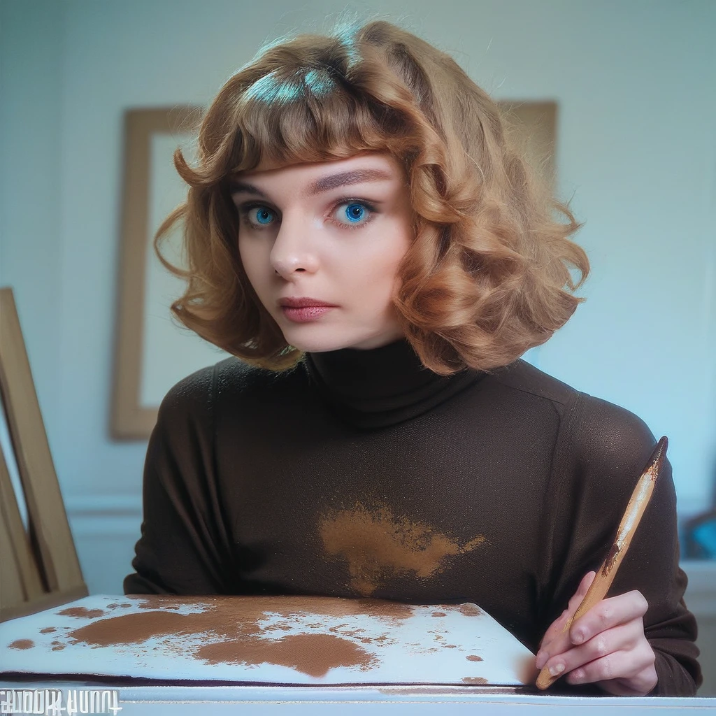 score_9, score_8_up, score_7_up, score_6_up, Nikki-Amour, 1girl, solo, looking at viewer, short hair, bangs, blue eyes, brown hair, blonde, black turtleneck, french beret, upper body, blurry background, canvas, portrait, realistic, general