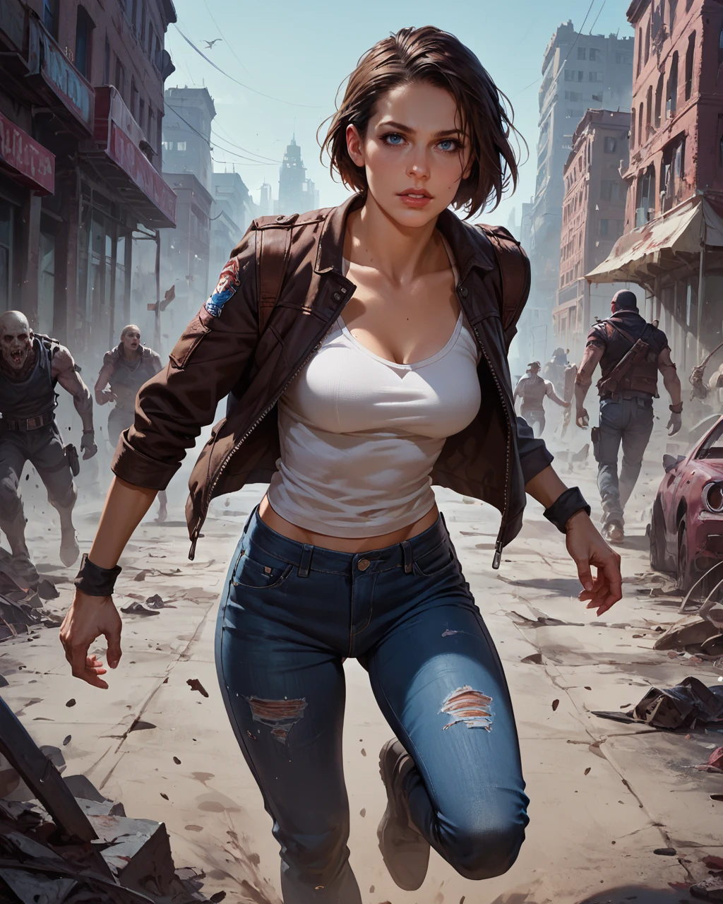 score_9, score_8_up, score_7_up, zPDXL, Jill Valentine, (wearing jeans and a jacket), running from zombies, chased by zombies, in a apocalyptic city, zombies and apocalyptic city backgroundillustration, line art, highly detailed, perfect quality, high quality, realism, realistic,,<lora:Expressive_H-000001:0.8>,,<lora:Concept Art Twilight Style SDXL_LoRA_Pony Diffusion V6 XL:0.8>,,<lora:sinfully_stylish_SDXL>,