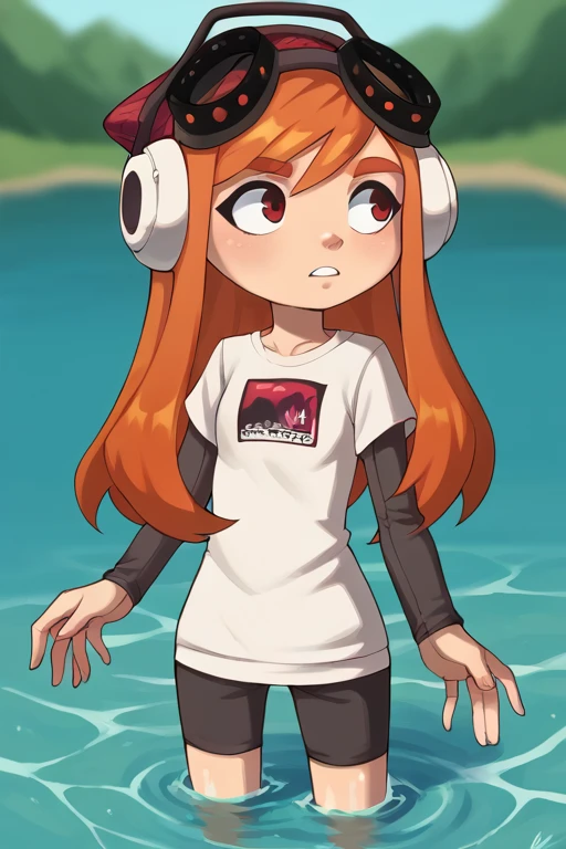 2D, score_9, score_8_up, score_7_up, BREAK, anime, 1girl, Meggy, Orange Hair, Red Eyes, White Shirt, Grey Sleeves, Shorts, headphones, red beanie, goggles, wading<lora:EMS-441712-EMS:1.000000>