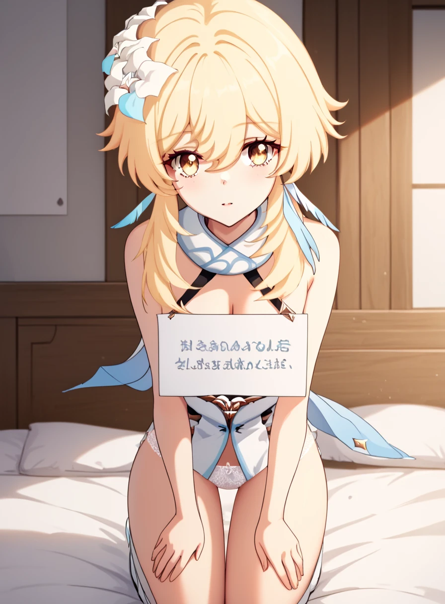 (petshaming),
Kneeling on bed of her cozy bedroom, a girl put her hands on thighs, (sign around neck), lower head, wearing white lace panties, topless,  looking at viewer, 
   lumine \(genshin impact\). The girl has yellowish white skin, middle blonde hair with long bangs and hair between eyes, she has yellow eyes, wearing feather hair ornament and hair flower, she has tender and slender body with medium breasts and cleavage, bare shoulders and detached collar,<lora:PetShaming_Pony:1>,<lora:genshin-lumine-2024-short-ponyxl-lora-nochekaiser:1>, score_9, score_8_up, score_7_up,masterpiece, best quality, ultra detailed,