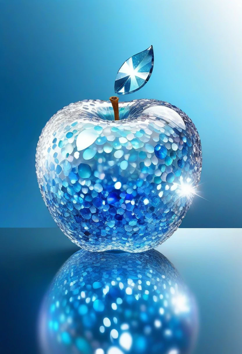 glitter, iridescent, ((apple fully made of glass/crystal/blue diamonds)), sober background, transparent, see through, translucent, transparent, homogeneous texture, good posture, reflections blue and white, sparkles