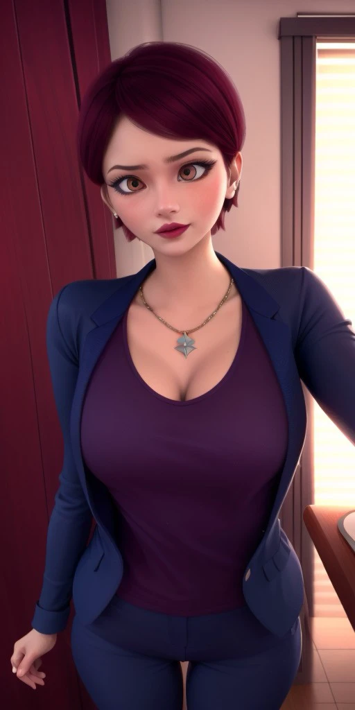 Hyperrealistic, photorealistic, super detailed, perfect face, (strict dark blue jacket), (strict dark blue trousers), short hair with a gradient of strong raspberry to moderate rose color, expressive moderate red eyes, raspberry colored lipstick, body like in real life, large pores, slender, medium height, pale skin, beautiful arms, beautiful legs, unreal engine, octane render, droped shadow, bokeh, cinematic lighting, <lora:add_detail:0.5>, <lora:Volumetric_lighting:0.6>, raspberry colored lipstick, moderate red eyes, short hair with a gradient of strong raspberry to moderate rose color, Chamack, Nadja, , <lora:a9a766c8-d663-4fd8-8723-45c5a2f45a0b:0.7>