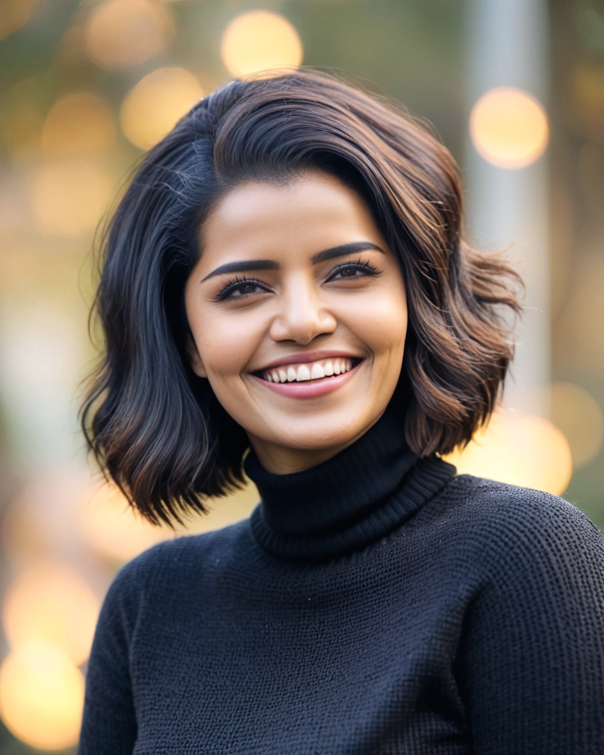 upper body photo of Anu Param woman, solo, bob hair cut, laughing, looking at the camera, ethnic Black turtleneck sweater, , contrasting background bokeh,  skindentation,  <lora:Anu_Param_SDXL_LoRA_prodigy_local_xformers_HNE:1>