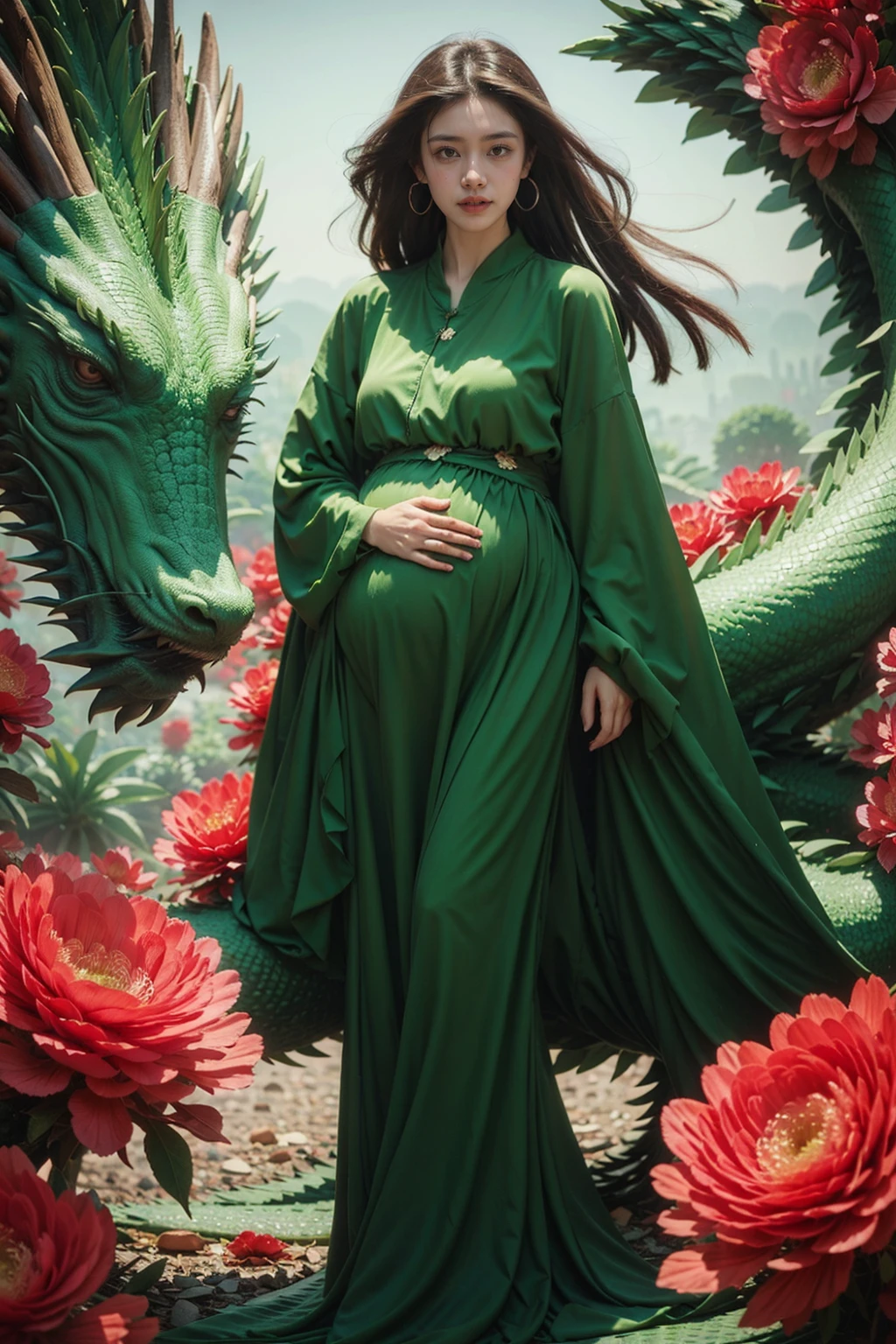 1girl, full body, green dragon dress, flower,pregnant,  <lora:JAY - GREEN DRAGON DRESS:0.7>