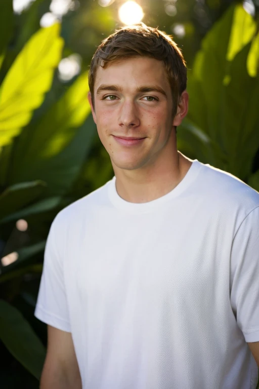 upper body, High resolution photo handsome guy, highly detailed, white t-shirt, (look at viewer) bokeh background, sunlight morning, sunburnt , <lora:stevesandvoss:0.9> stevesandvoss, (smirking:0.4), freckled skin, detailed skin texture, blonde hair,, (masterpiece,best quality:1.5)