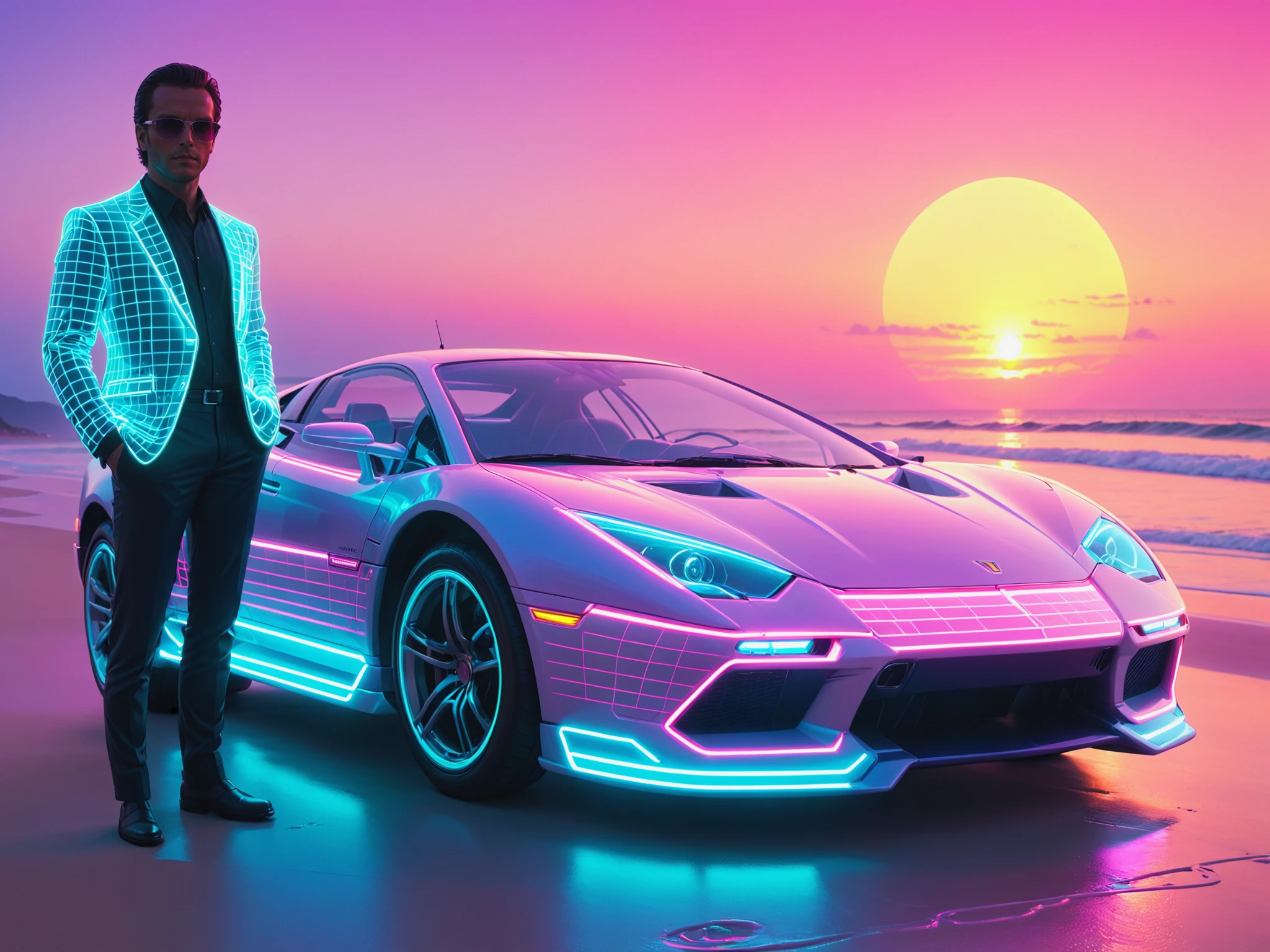 mad-vprwv  man in front of  a sportscar at the beach, sun at the neon  horizon, 1980, neon, grid, vaporwave <lora:Neon_Cyberpunk_Vaporwave_SDXL:0.8>, (masterpiece:1.2), best quality