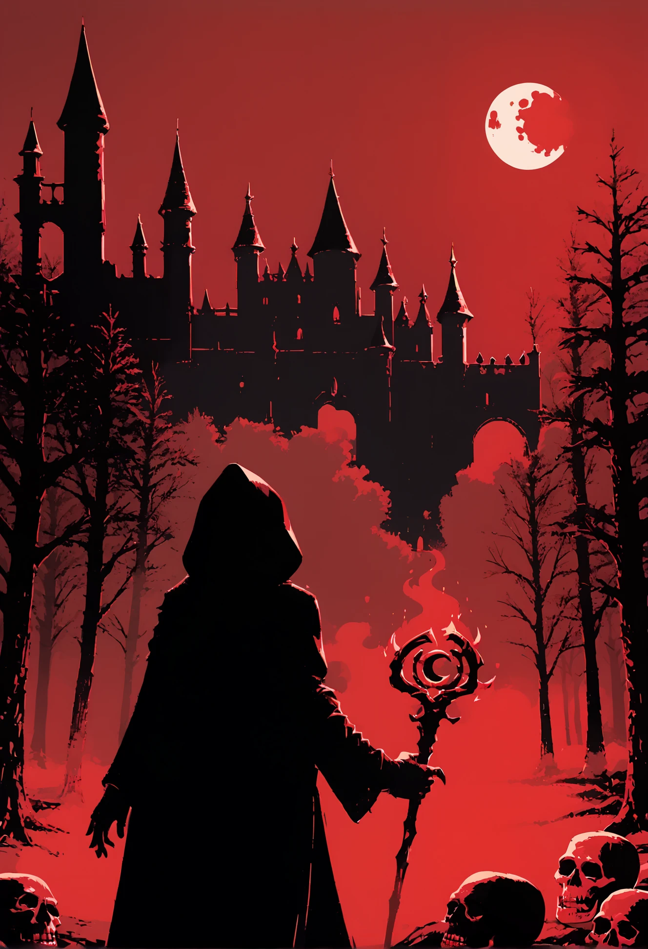 score_9, score_8_up, score_7_up, skeleton, standing, holding magic staff, cowboy shot, wearing magician gown, black hood, dark forest, fog, red theme, monochrome, castle, night, moon, <lora:dcr34sed-c0l0ring-20:0.8>, dcr34sed_c0l0ring,
