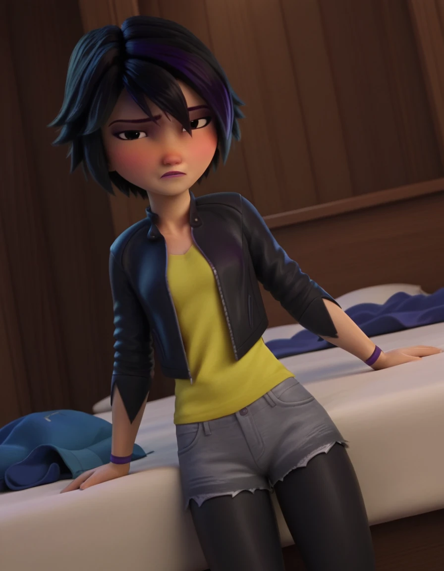 score_9, score_8_up, score_7_up, source_anime, <lora:go-go-tomago-movie-ponyxl-lora-nochekaiser:1>, go go tomago, short hair, black hair, black eyes, tomboy, streaked hair, purple hair, 3d,, shirt, jacket, pantyhose, open clothes, shorts, open jacket, black jacket, black pantyhose, denim, yellow shirt, grey shorts,, indoors, bed, bed room, on side, blush, drunk, looking at viewer, solo,, cowboy shot, dutch angle