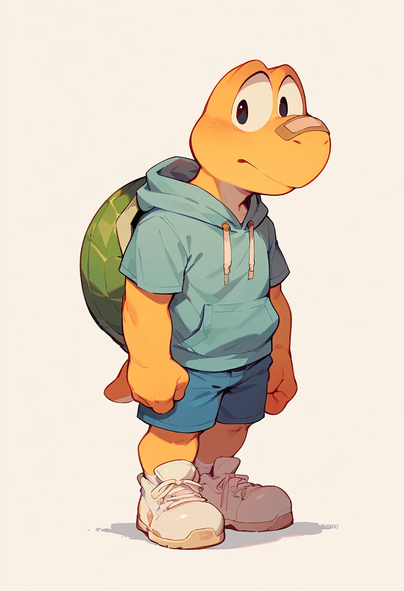 score_9, score_8_up, score_7_up, score_6_up, source_furry, solo, dof, full-length portrait, white background,  <lora:CHARACTER_KOOPA_TROOPA:1> koops, green_shell, bandaid, white_shoes, blue hoodie, short sleeves, blue shorts, yellow body