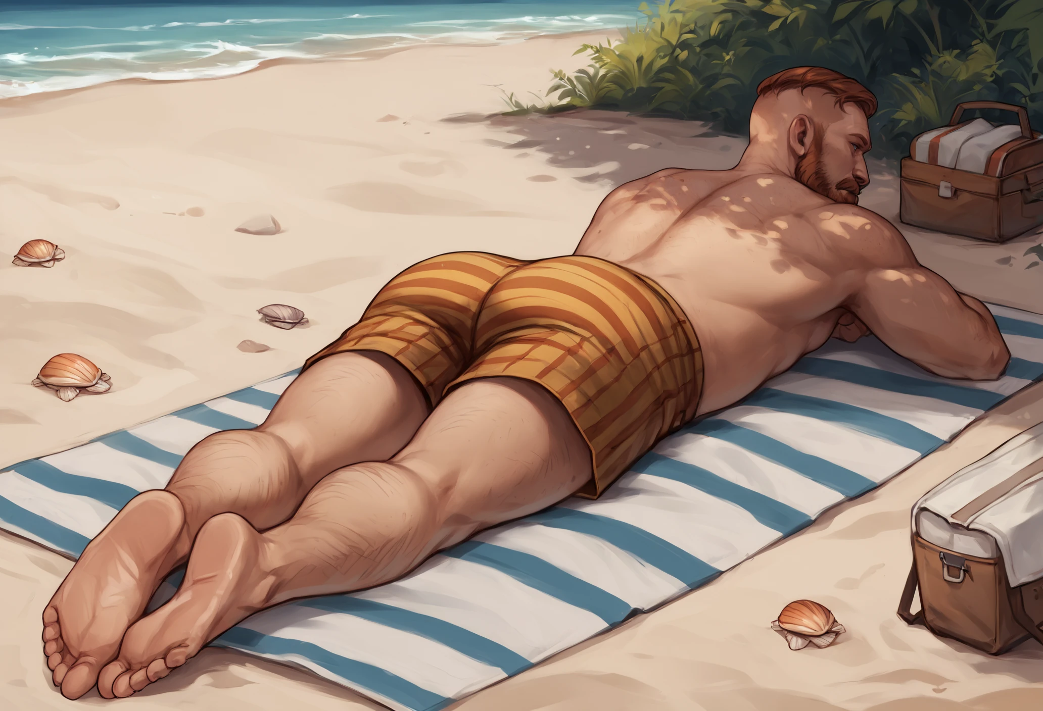 score_9, score_8_up, score_7_up, 1boy, male focus, mature male, blue eyes, short hair, undercut, facial hair, beard, mustache, full body, shirtless, colorful swimming shorts,
lying on stomach, striped orange and white towel, from below,
outdoors, beach, sand, shells, bag, <lora:Jacob_Seed_2:1>