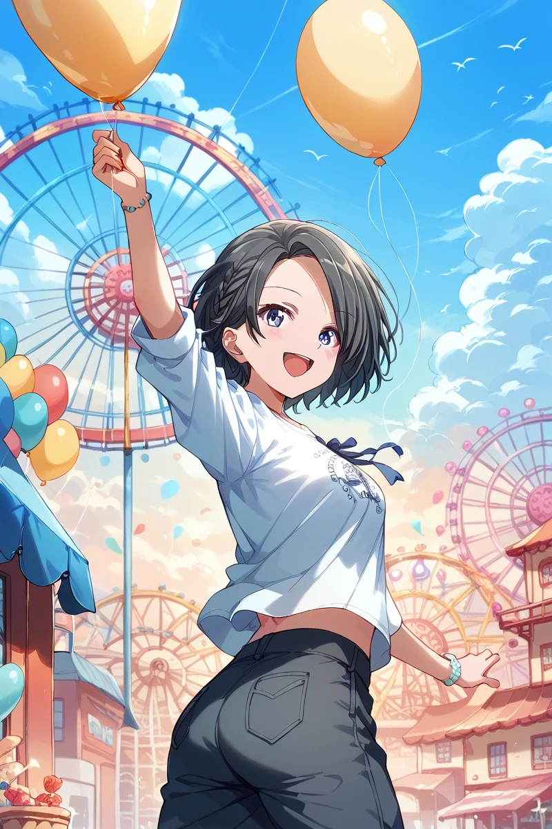 score_9, score_8_up, score_7_up, score_6_up, 1girl,
 <lora:Suzu_Minase:0.9> suzu, short hair, solo, balloon, pants, shirt, outdoors, smile, sky, black hair, blue eyes, cloud, looking at viewer, open mouth, ferris wheel, lamode