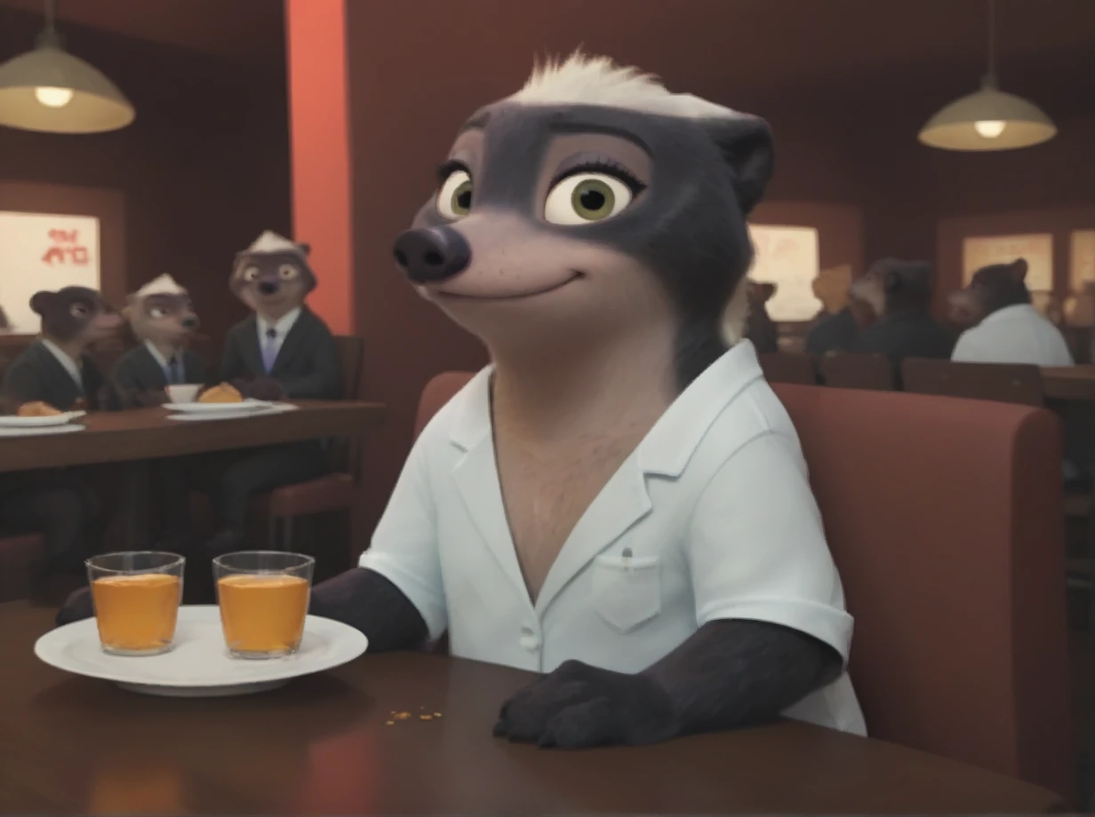 Dr.Madge, honey badger, anthro, female, pov, sitting, restaurant, decorations, zootopia, crowd, hot soup:1.2, bread, wine, looking at viewer, head tilt, light smile, casual outfit, earing, relaxed, chair, flat chest:1.3, table, fancy:1.2, blurry background, red theme, eyeliner