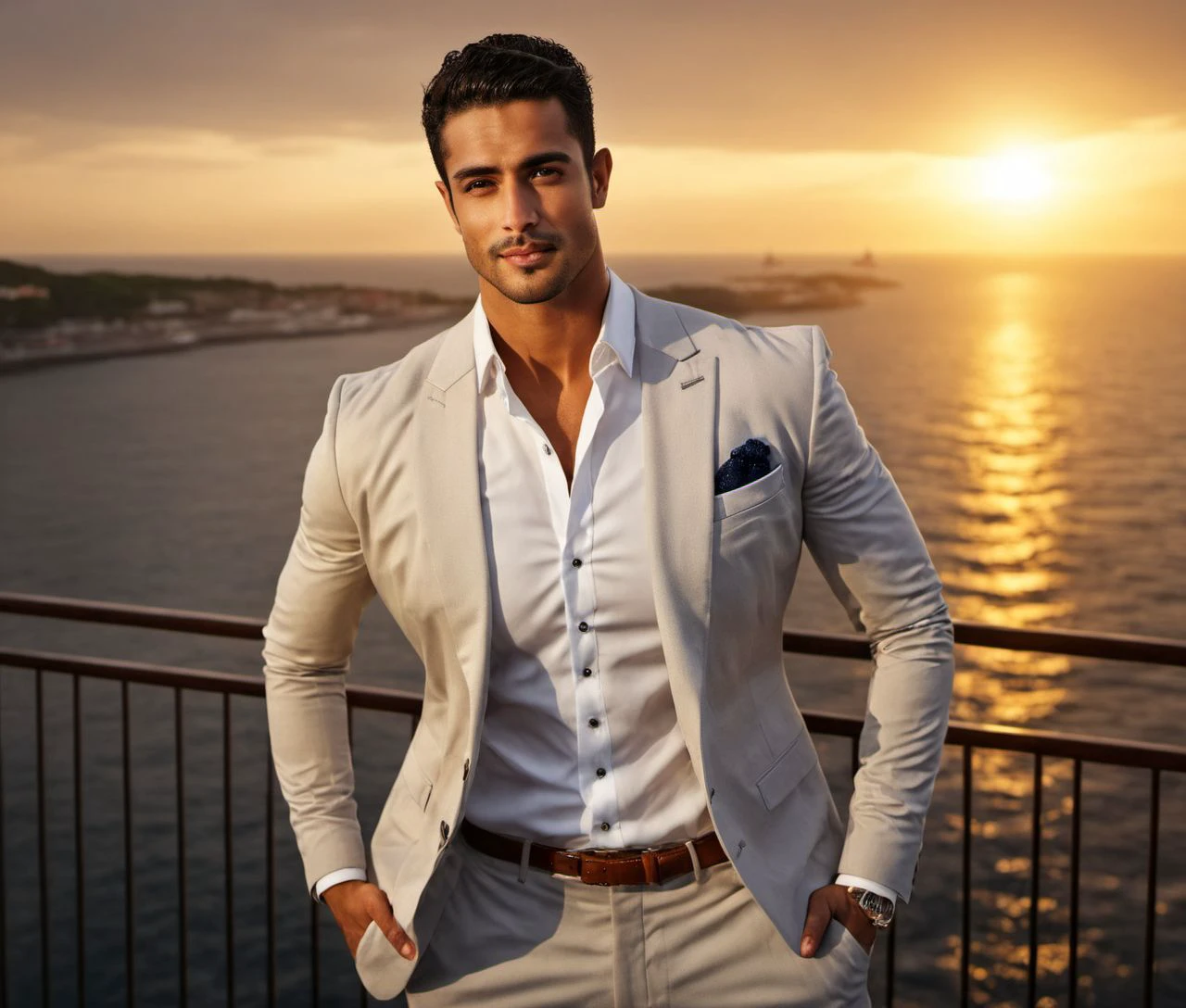 Nautical-themed (Photo:1.3) of (Ultrarealistic:1.3) <lora:Man_Men_FFashion:1> beerbiceps a man <lora:Ranveer-Allahbadia-beerbiceps:1> in a white suit standing on a balcony, under rain, sun behind him, inspired by Pablo Munoz Gomez, shot at golden hour, editorial photograph, midshot of a hunky, by Roman Bezpalkiv, by Artur Tarnowski, maxim sukharev, by Gabor Szikszai,Highly Detailed,(Mono Color:1.3) . Sea, ocean, ships, maritime, beach, marine life, highly detailed