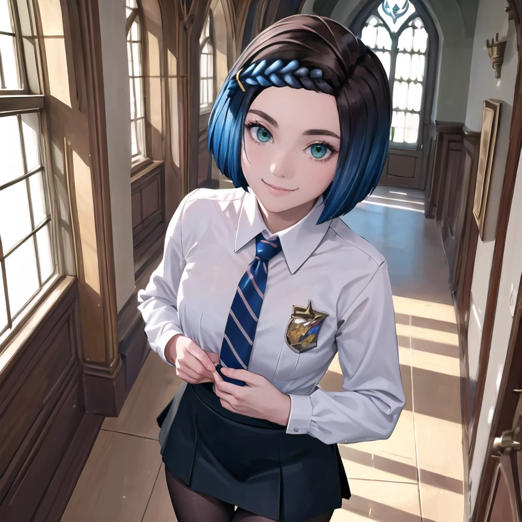 (best quality, ultra detailed), (detailed background:1.2), (perfect face, detailed face), looking at viewer, smile, skyeparkin, 1girl, solo, hogwarts school uniform, black skirt, collared shirt, necktie, striped necktie, black pantyhose, thighs, cowboy shot, standing, dynamic pose, from above, (window, hallway, indoors), <lora:skyeparkin:0.8>