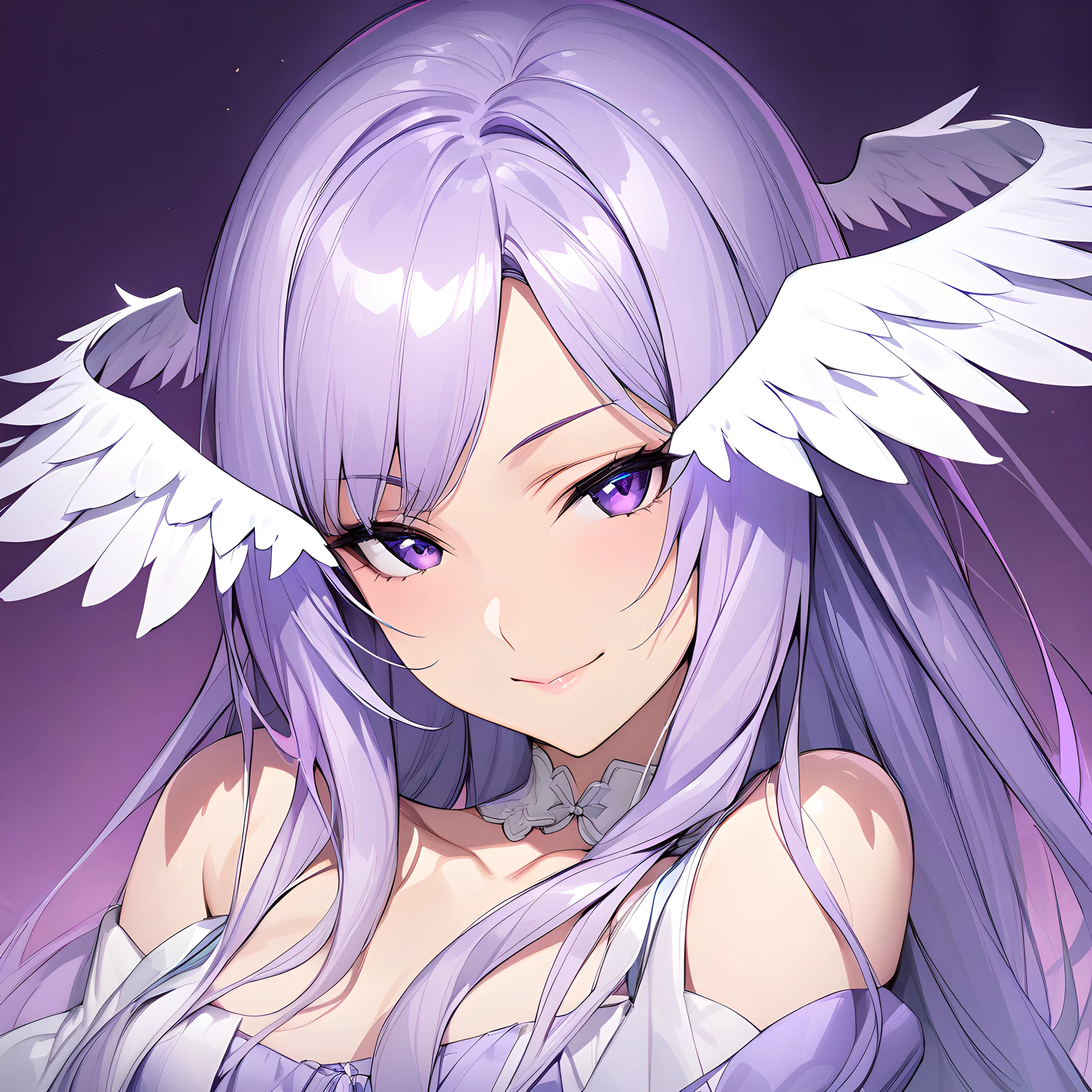 (masterpiece),(best quality),(ultra-detailed),(best illustration),(best shadow),(absurdres),(detailed background),(very aesthetic), quinella, 1girl, solo, long hair, seductive smile, purple eyes, purple hair, portrait, closed mouth, head wings,  <lora:XL-Quinella:1>