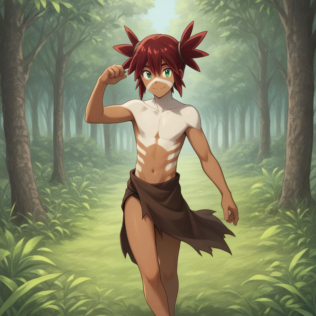 score_9, score_8_up, score_7_up,full-length portrait, dynamic pose, perfect anatomy, source_anime, highly detailed, 1boy, solo, male_focus, slender, skinny, cute, dark skin, bodypaint, 1boy, male focus, loincloth, green eyes, topless, smile, outdoors, red hair, day, closed mouth, barefoot, feet, facial mark, navel, twintails, tribal, collarbone, hair between eyes,
simple background,