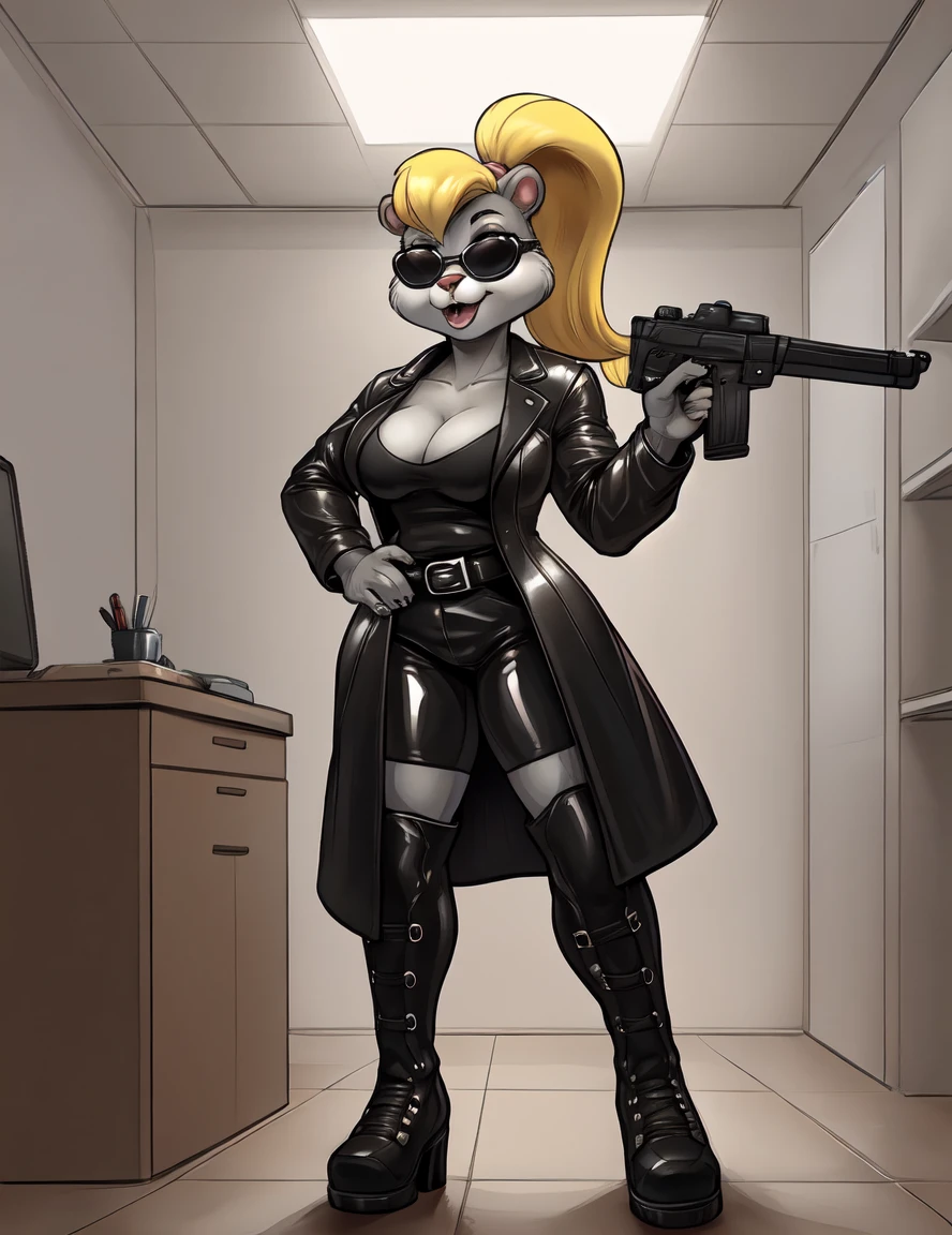 by joaoppereiraus,by greasymojo, detailed background, office, BREAK, berri, female, anthro, chipmunk, blonde hair, ponytail, buckteeth, sunglasses, black leather, leather coat, leather boots, holding gun <lora:Berri_04-Polyfur-nd64-40-4880:1>