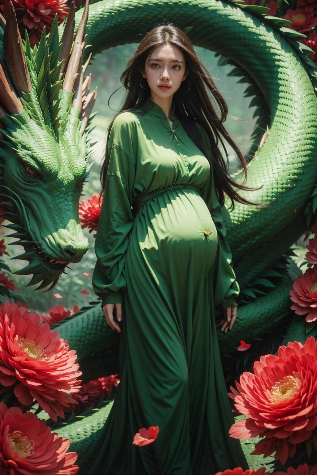 1girl, full body, breast,green dragon dress, flower,pregnant,  <lora:JAY - GREEN DRAGON DRESS:0.7>