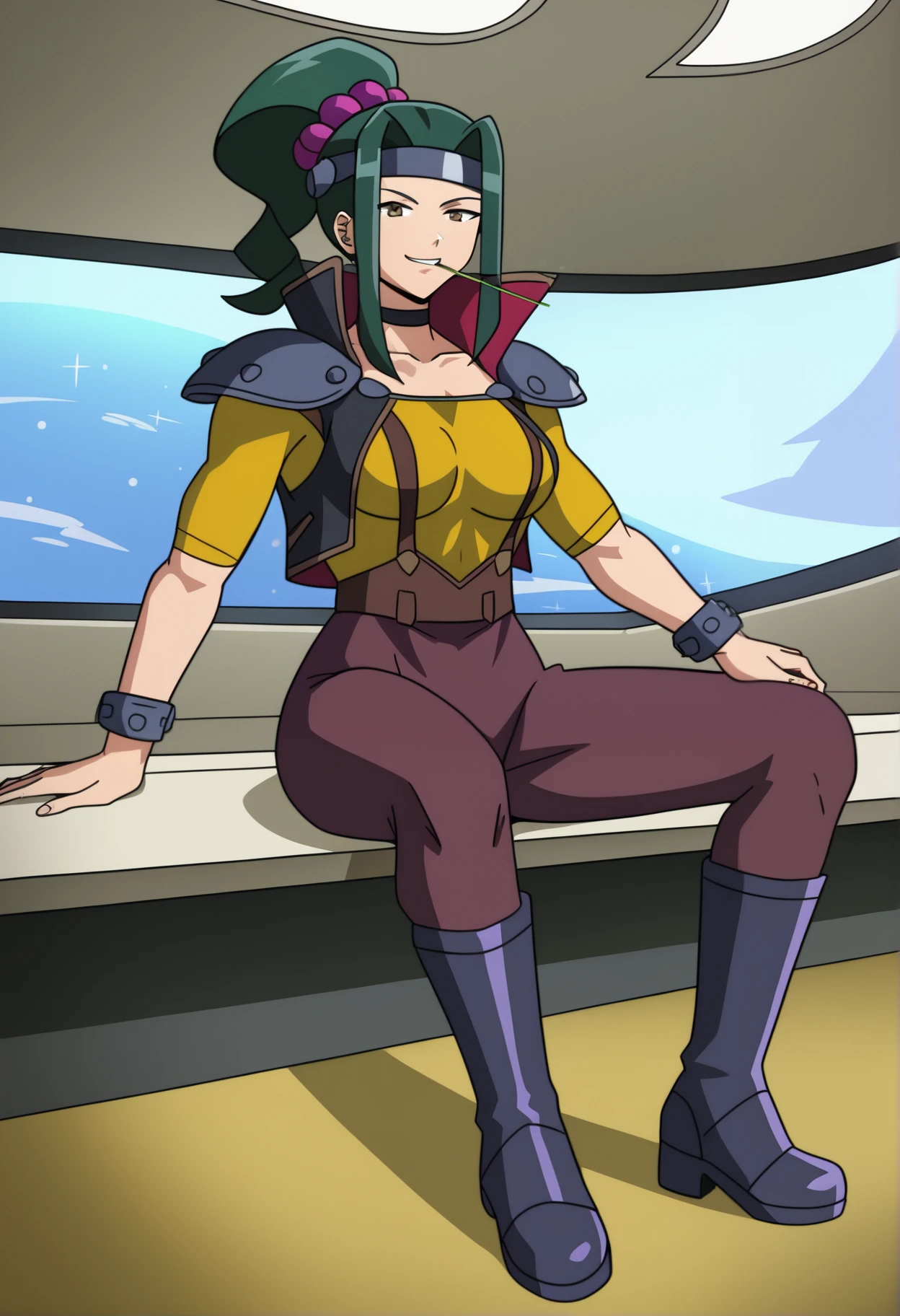 score_9_up, source_anime, gascogne_rheingau, full body. 1girl,  looking at viewer. straw in mouth, solo, long hair, breasts, black hair, hair ornament, ponytail, green hair, choker, armor, headband, black choker, mouth hold, indoors. space. brown pants. purple pants.  shoulder pads. smug, black boots.