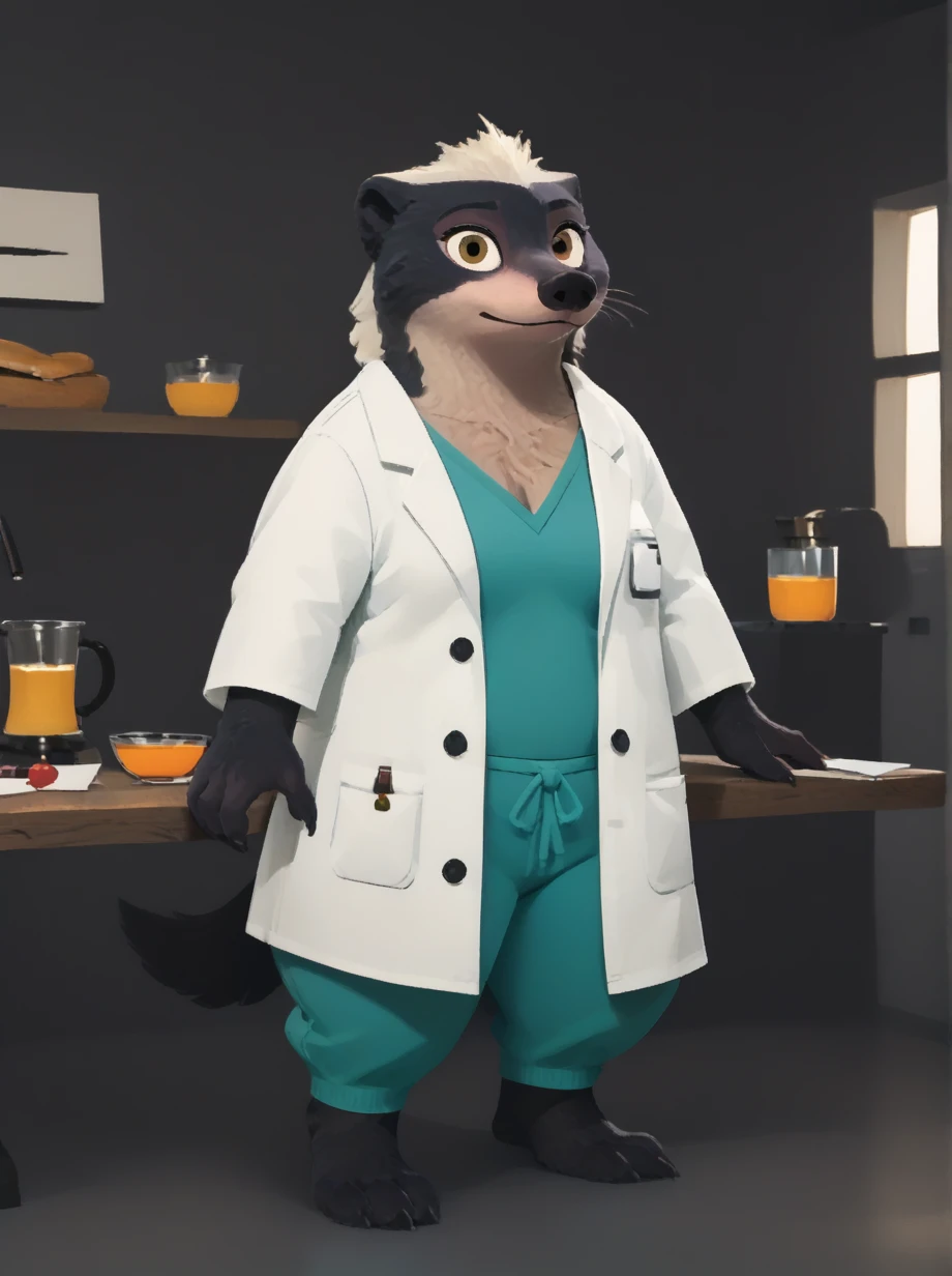 Dr.Madge, honey badger, anthro, female, skinny, science lab:1.2, full body, flat color, looking at viewer, 1girl behind table, beaker, multicolored glass jars, white room, cage in background