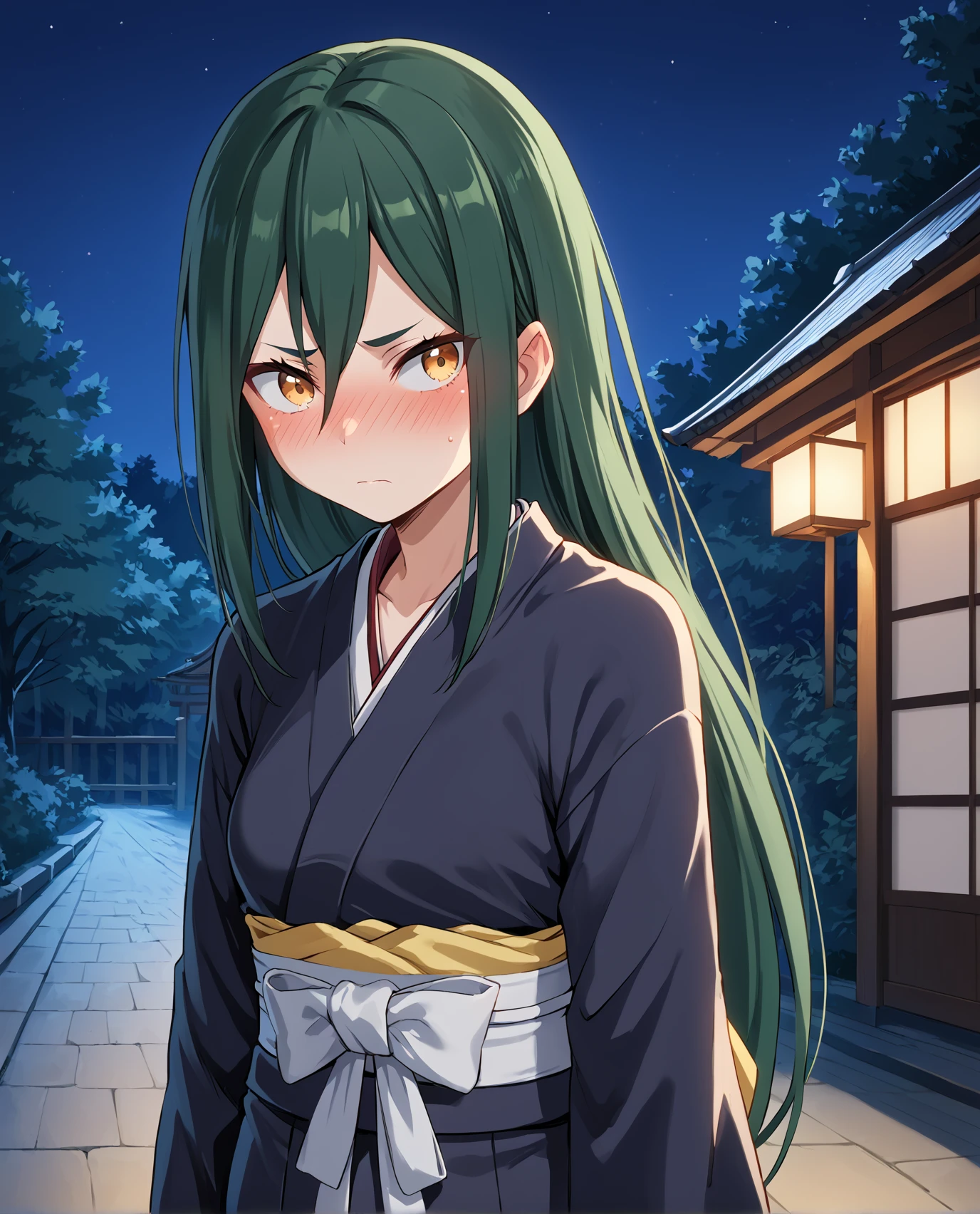 <lora:Crusch_ReZero:1>, long hair, crusch, dark green hair, yellow eyes, Japanese clothes, blush, shy, standing, night, outdoors, facing viewer, stern, confident, score_9