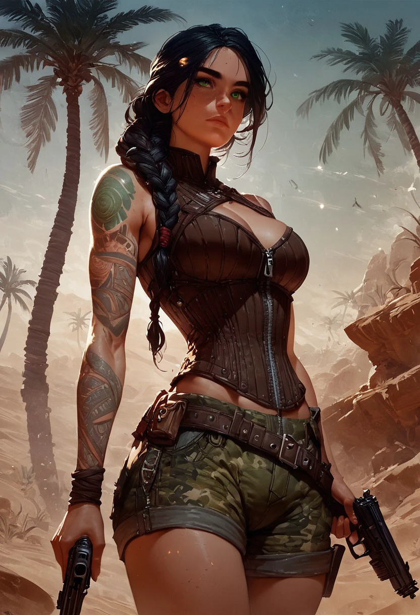 score_9, score_8_up, score_7_up, score_6_up, score_5_up, score_4_up,  1girl, black hair, braided, sexy soldier, green eyes,camo shorts, desert, dusk, tilted angle, loop lighting, palm tree oasis, solo, holding gun, tattoos, large teardrop breasts, thighs, expressiveH, Concept Art,  brown corset, Charmian_Boned_Corset_with_Zipper,  steel straps, zipper,