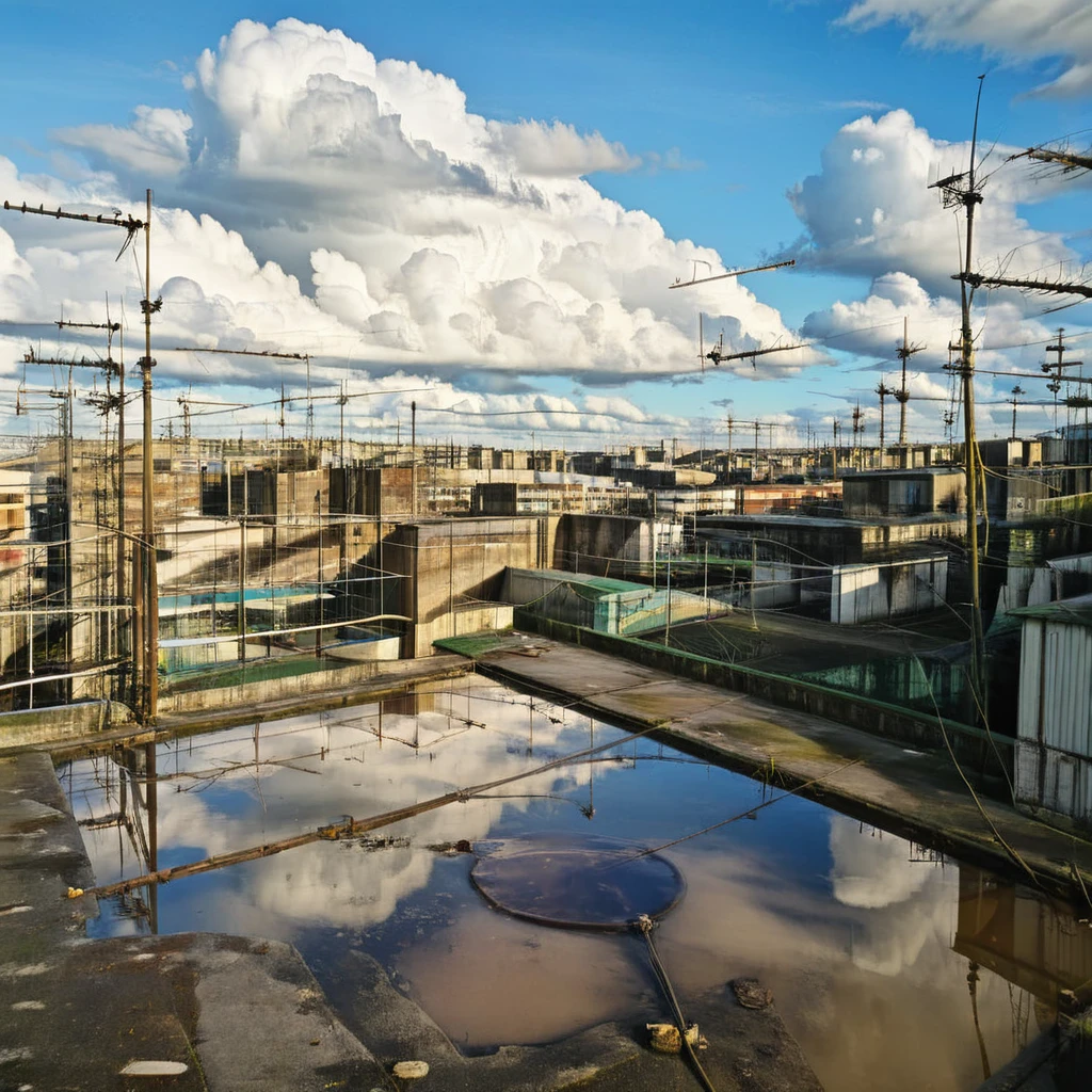 perspective,no humans,scenery,
rooftop,industrial pipe,puddle,reflection,building,balcony,blue sky, huge cloud, 
<lora:Kowloon_City:1>