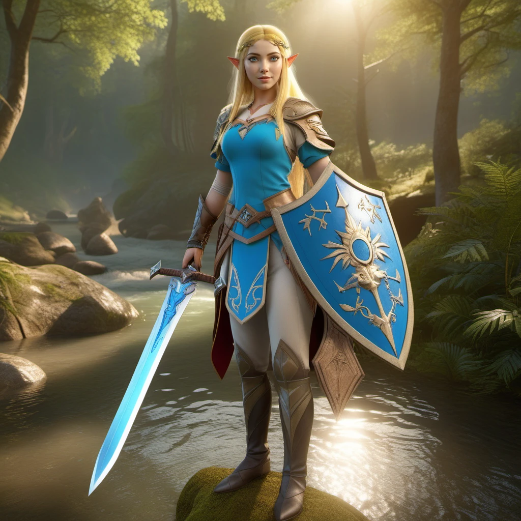 professional 3d model full body portrait 1girl,  pointy ears, blue eyes, long blond hair, detached sleeves, navel, forest, river , sword, shield <lora:Zelda1024:0.7> . octane render, highly detailed, volumetric, dramatic lighting