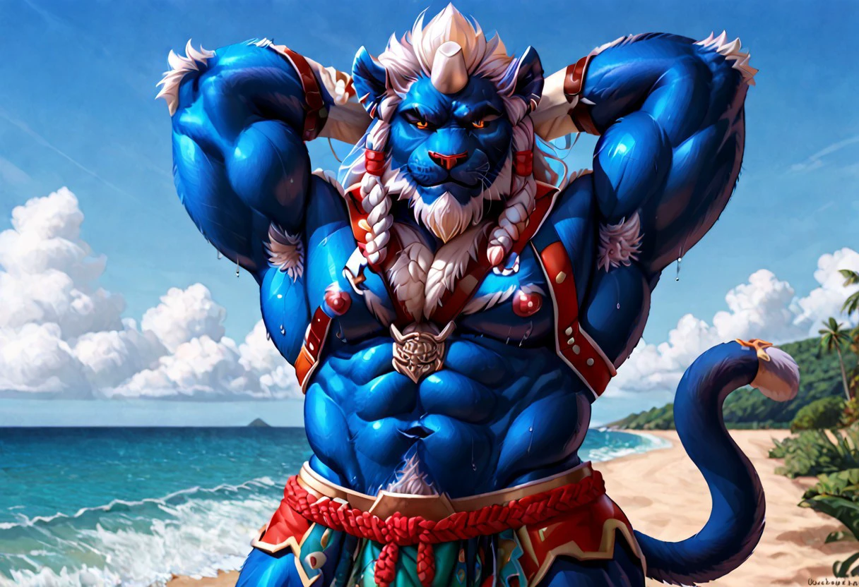 Kimahri, ronso, felid, anthro, beach, blue body, clothing, fur, white hair, half ponytail, horn, male, sea, solo, water, armpit hair, harness, pose, tail, white body, yellow eyes, abs, larger anthro, muscular, muscular anthro, navel, pecs, sweat, looking at viewer, manly, body hair, braided hair, ear piercing, goatee, naughty face, pubes, clothing, clothed