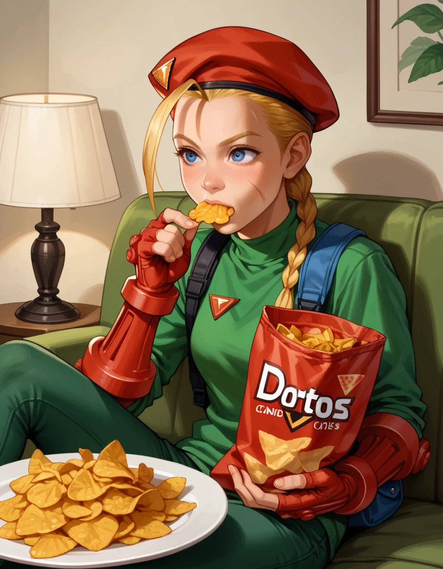 score_9, score_8_up, score_7_up, score_6_up, score_5_up, score_4_up, 1girl, cammy white, couch, lamp, hud_d0ritos, eating, bag of chips, doritos <lora:d0ritos-000008:0.7> ,