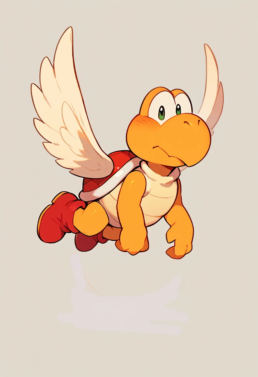 score_9, score_8_up, score_7_up, score_6_up, source_furry, solo, dof, full-length portrait, white background,  <lora:CHARACTER_KOOPA_TROOPA_r1:1> koopa_troopa, red_shell, red_shoes, wings, flying, white wings