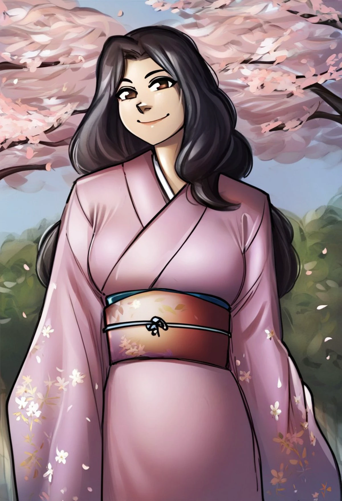 pH \(Artist\), @ph_draw, 1 young woman, smile,black hair, closed mouth, brown eyes, waist up, portrait shot, kimono, long hair, background: outdoors, cherry blossom tree garden