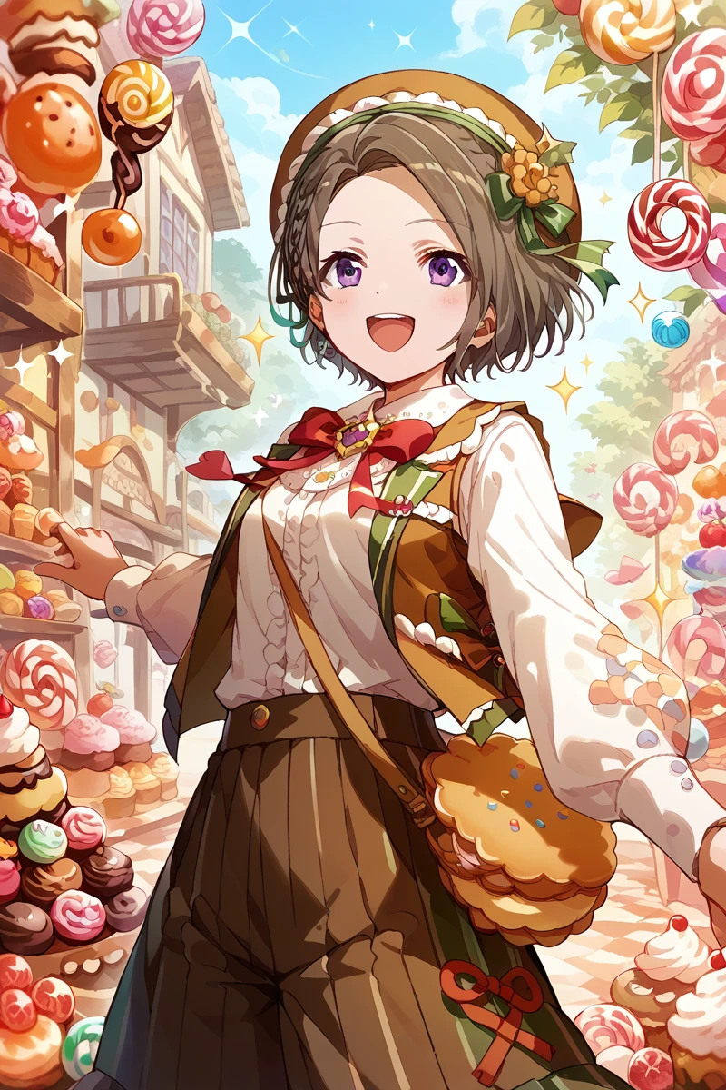 score_9, score_8_up, score_7_up, score_6_up, 1girl,
 <lora:Suzu_Minase:0.9> suzu, short hair, solo, food, candy, hat, smile, purple eyes, sweets, long sleeves, open mouth, brown hair, holding hands, sparkle, bow, vest, hansel