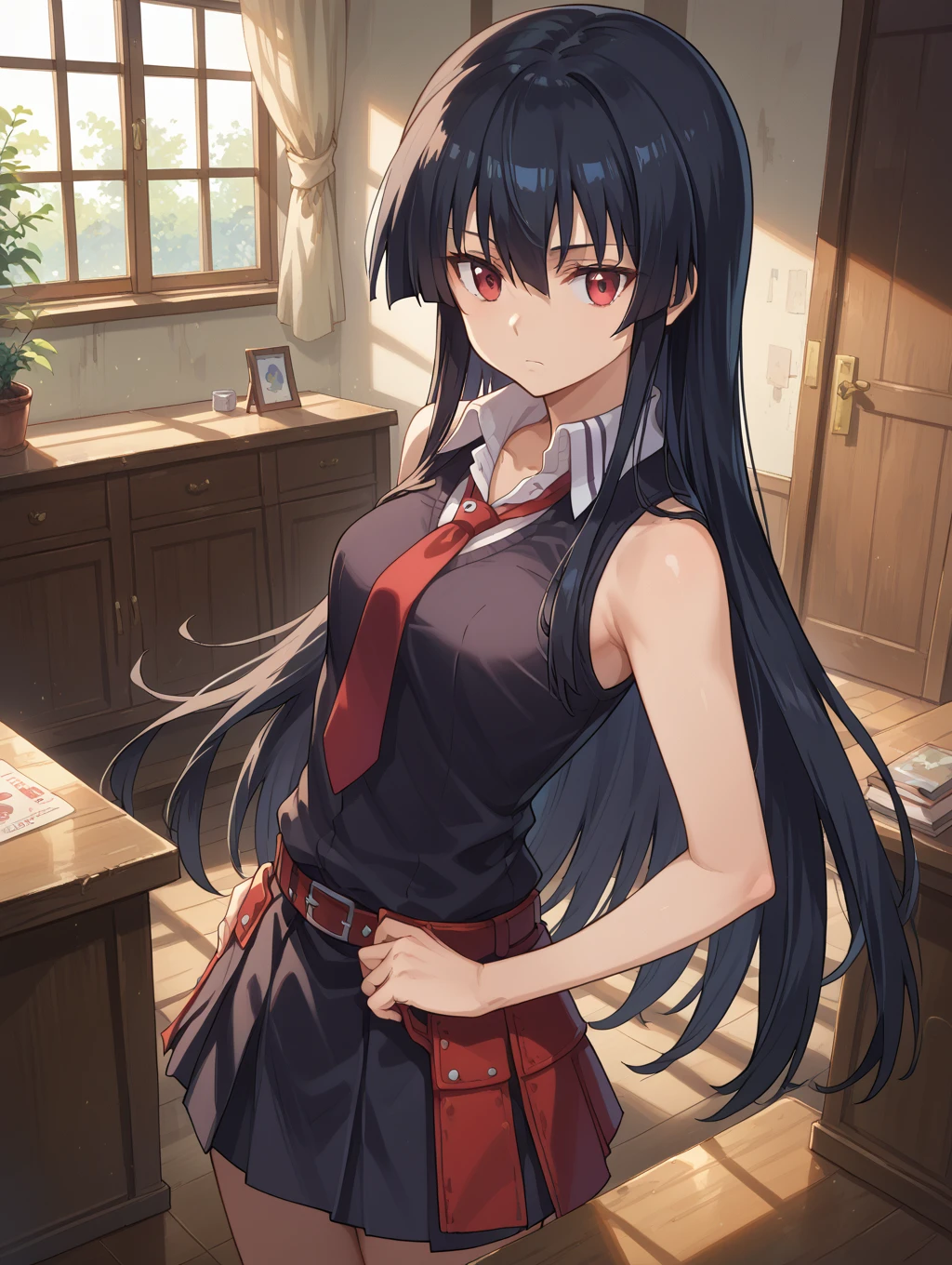 score_8_up, score_7_up, source_anime,1 girl, solo, hair_ponytail ribbon,Black hair, eyes blue, long hair, smile , Yukinoshita Yukino 
BREAK (impossible clothes, fingerless gloves, red shorts, thighhighs:1.2)
BREAK blurry, blurry_background,
BREAK cowboy shot, looking over eyewear, put up index finger and one hand on hip, angry with puffed cheeks, from above, leaning forward,
BREAK (masterpiece:1.2), best quality, high resolution,NSW ,unity 8k wallpaper, (illustration:0.8), (beautiful detailed eyes:1.6), extremely detailed face, perfect lighting, extremely detailed CG, (perfect hands, perfect anatomy),