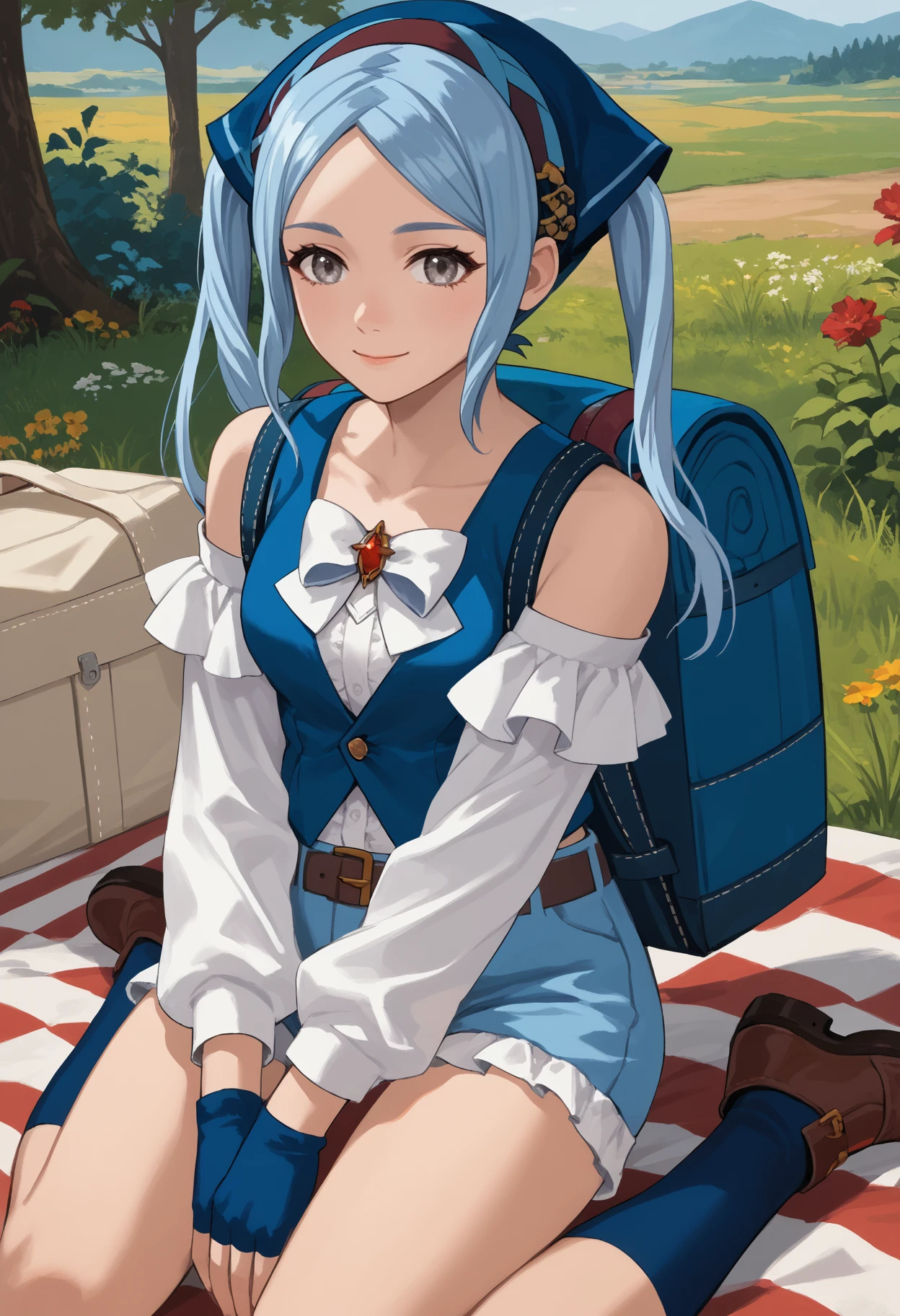 score_9, score_8_up, score_7_up, source_anime BREAK 1girl, solo, <lora:flora-fe-richy-v1_pdxl:1> flrpcnc, grey eyes, blue hair, long hair, twintails, bandana, breasts, white bow, blue vest, detached sleeves, long sleeves, white sleeves, bare shoulders, fingerless gloves, blue gloves, belt, blue shorts, smile, looking at viewer, outdoors, picnic, sitting, kneehighs, blue socks, backpack, brown shoes, thighs,