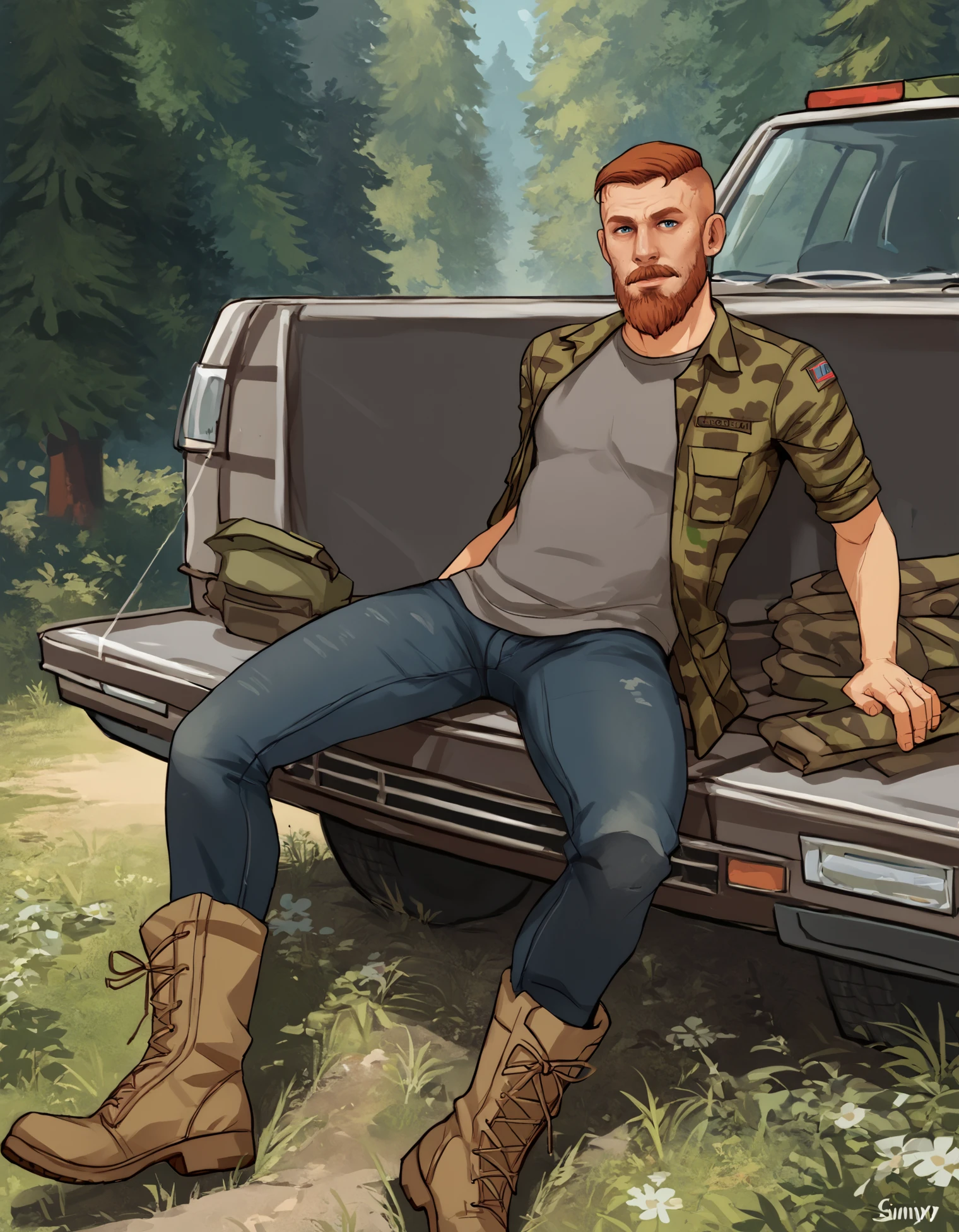 score_9, score_8_up, score_7_up, BREAK 1boy, solo, mature male, looking at viewer,
beard, mustache, blue eyes, short hair, undercut,grey shirt, camouflage jacket, jeans, boots, sitting, grey truck,
outdoors, forest, sunny, <lora:Jacob_Seed_2:1>