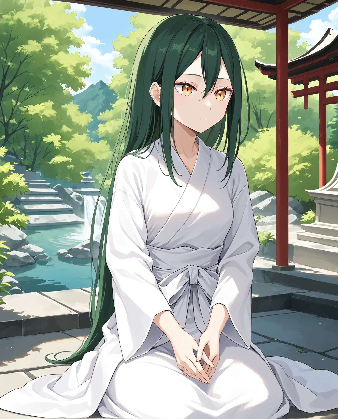 <lora:Crusch_ReZero:1>, long hair, crusch, dark green hair, yellow eyes, meditating, outdoors, Japanese garden, score_9