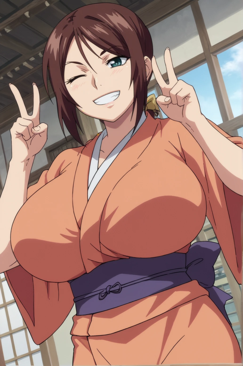 score_9, score_8_up, score_7_up,anime_source, source_anime, best background, detailed background, anime screencap, Okami, 1girl, solo, huge breasts, japanese clothes, horny, naughty face, victory fingers, victory pose, dynamic angle, indoors, <lora:JN_Okami:0.8>