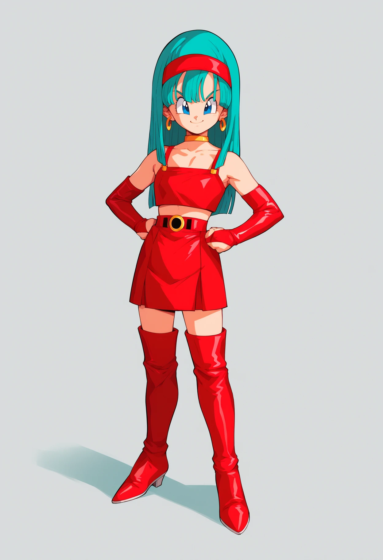 score_9, score_8_up, score_7_up, score_6_up, score_5_up, score_4_up, BREAK,
1girl, bulla, aqua hair, long hair, blue eyes, hairband,
choker, crop top, earrings, red bridal gauntlets, red elbow gloves, midriff, red skirt, red thigh boots,
hands on hips, full body, standing, smile, looking at viewer, solo, simple background, white background        <lora:BullaXL:1>