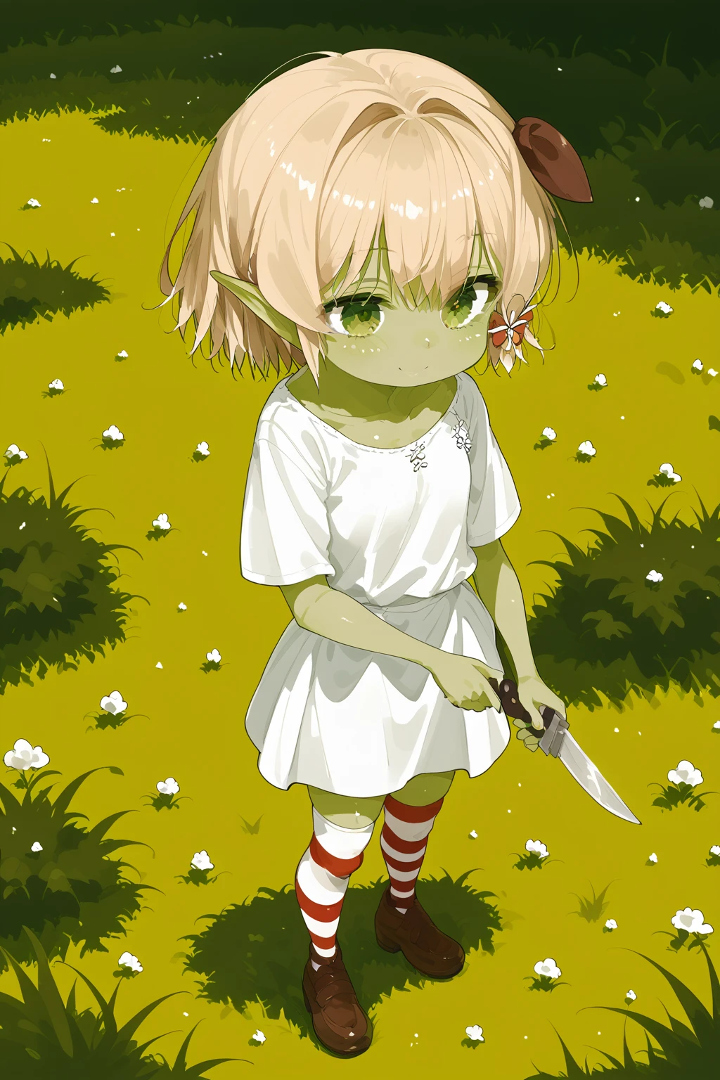 wasabi,yellow hair,green eyes,green skin,colored skin,pointy ears,goblin girls,red hat,white shirt,white dress,holding knife,1girl,solo,short hair,full body,striped thighhighs,brown shoes,standing,grass,smile,<lora:wasabi-XL:1>,