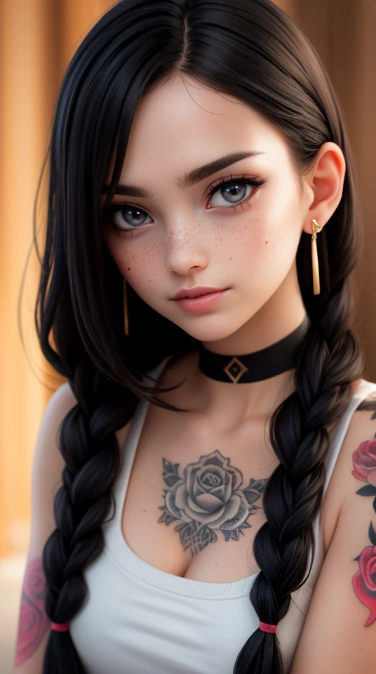 SFW,highest quality,woman,27 year old,backlighting,black choker,blurry background,blush,closed mouth,collarbone,earrings,forehead,freckles,hair over shoulder,jewelry,long hair,looking down,pointy nose,lips glossy,shadow,solo,thick eyebrows,thick eyelashes,upper body, expressive eyes, medium eyes, detailed eyes,black hair,braids,tattoos,tattoos on arms,black rose tattoos on neck,sun beams,warm light,cozy,((masterpiece)),