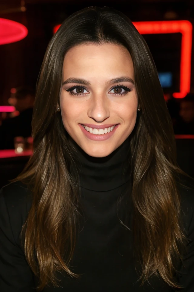 Portrait photo of j4d3b4rb0s4 woman, black turtleneck blouse, in a night club, makeup, smile