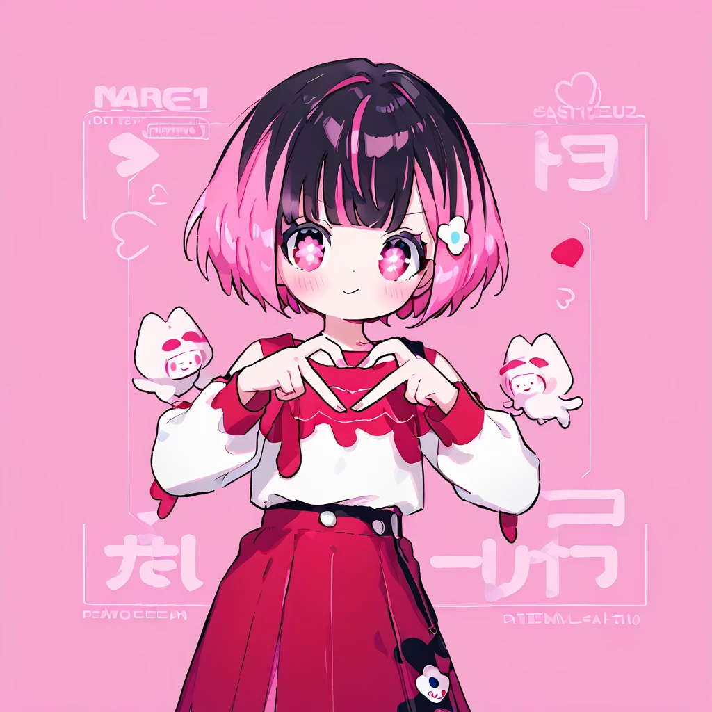 <lora:Berta_Delica:1> black hair, pink hair, multicolored hair, symbol-shaped pupils
 <lora:Heart_Fingers__Concept_Lora:0.8> heart fingers, heart hands,