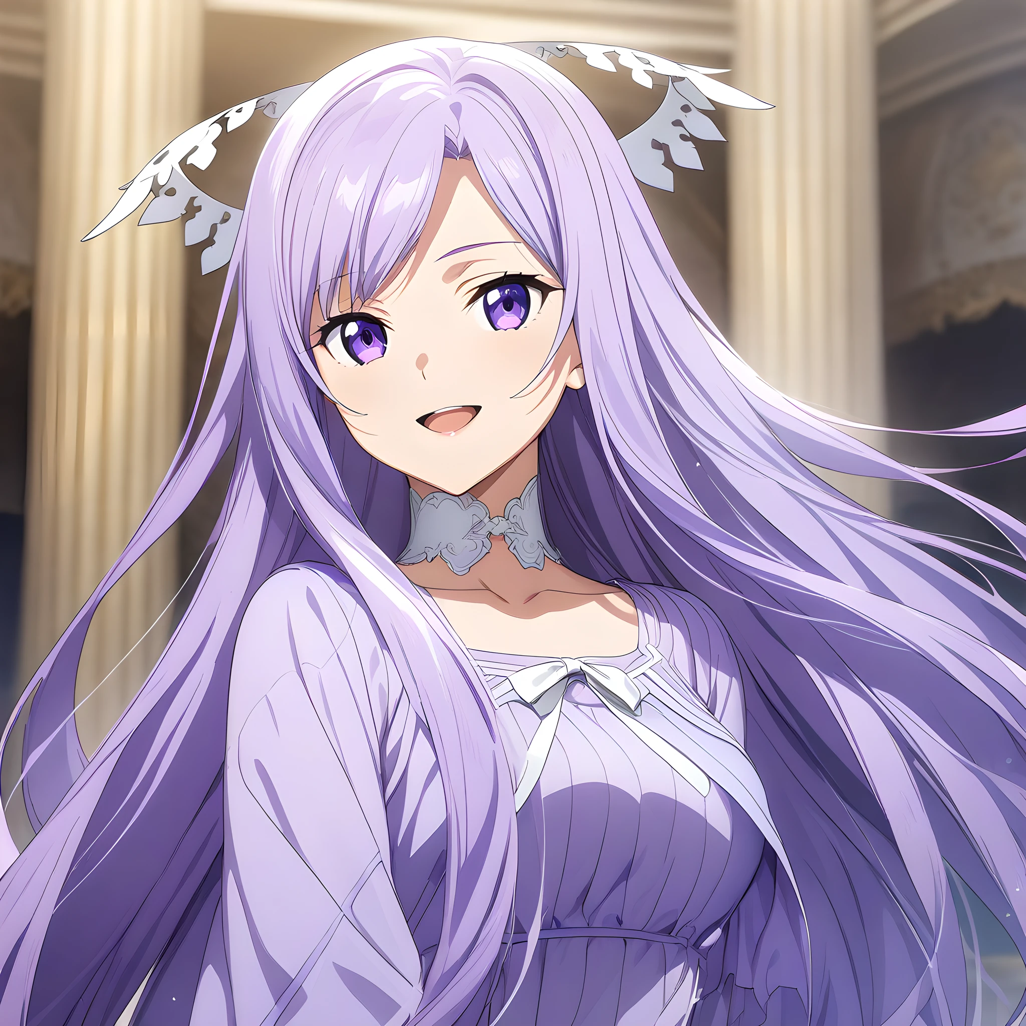 (masterpiece),(best quality),(ultra-detailed),(best illustration),(best shadow),(absurdres),(detailed background),(very aesthetic), anime coloring, quinella, 1girl, solo, long hair, very long hair, purple hair, purple eyes, smile, dress, looking at viewer, purple dress, upper body, choker, nail polish, open mouth, purple nails, floating hair<lora:XL-Quinella:1>