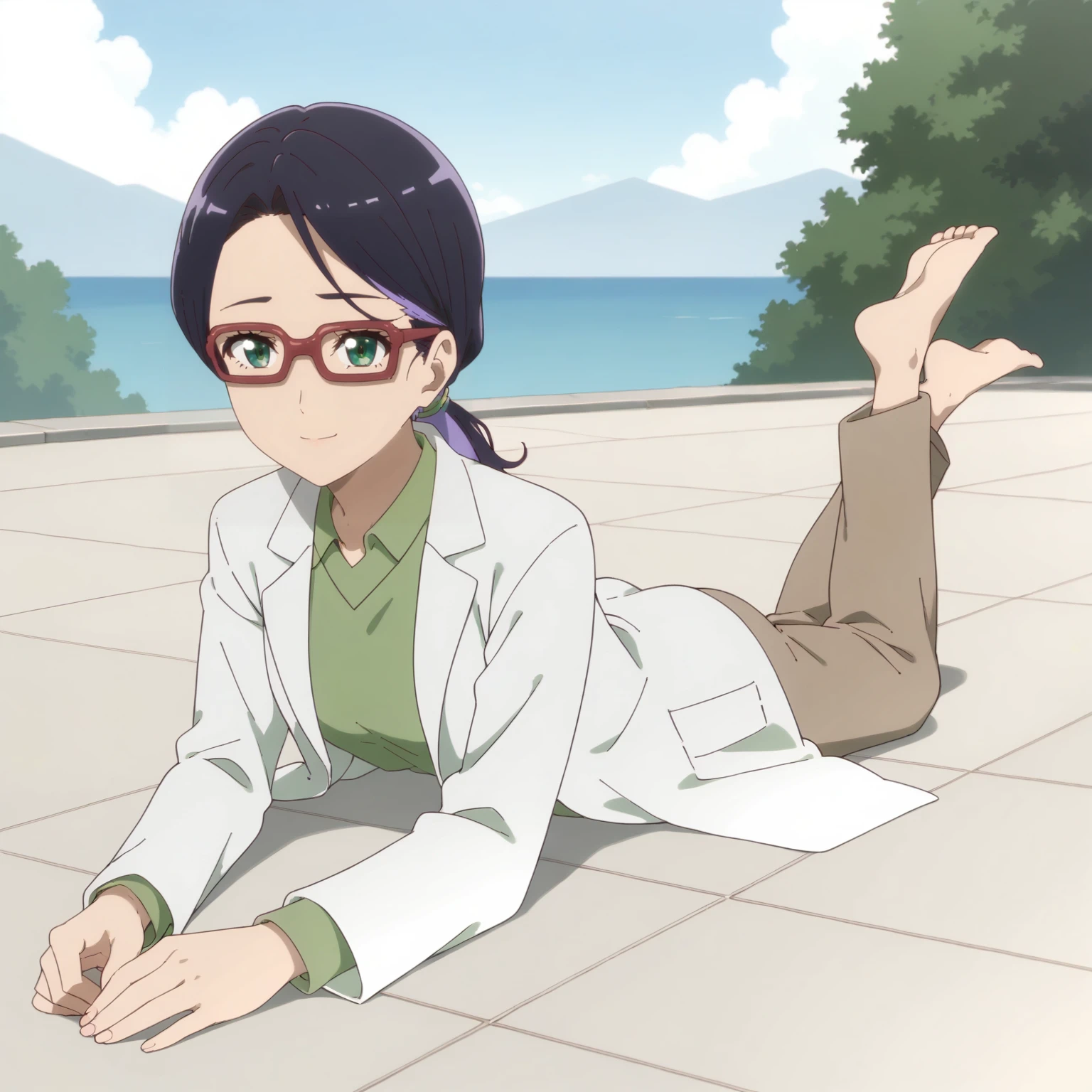 <lora:NCfY_JyoiXLpony001>,
smile,
solo,
Jyoi,1girl,multicolored hair,black hair,purple hair,low ponytail,green eyes,red-framed eyewear,
lab coat,green shirt,
brown pants,
outdoors,
full body,on stomach,the_pose,