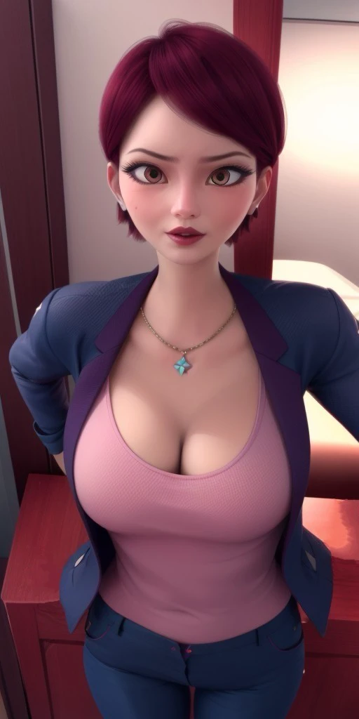 Hyperrealistic, photorealistic, super detailed, perfect face, (strict dark blue jacket), (strict dark blue trousers), short hair with a gradient of strong raspberry to moderate rose color, expressive moderate red eyes, raspberry colored lipstick, body like in real life, large pores, slender, medium height, pale skin, beautiful arms, beautiful legs, unreal engine, octane render, droped shadow, bokeh, cinematic lighting, <lora:add_detail:0.5>, <lora:Volumetric_lighting:0.6>, raspberry colored lipstick, moderate red eyes, short hair with a gradient of strong raspberry to moderate rose color, Chamack, Nadja, , <lora:a9a766c8-d663-4fd8-8723-45c5a2f45a0b:0.7>